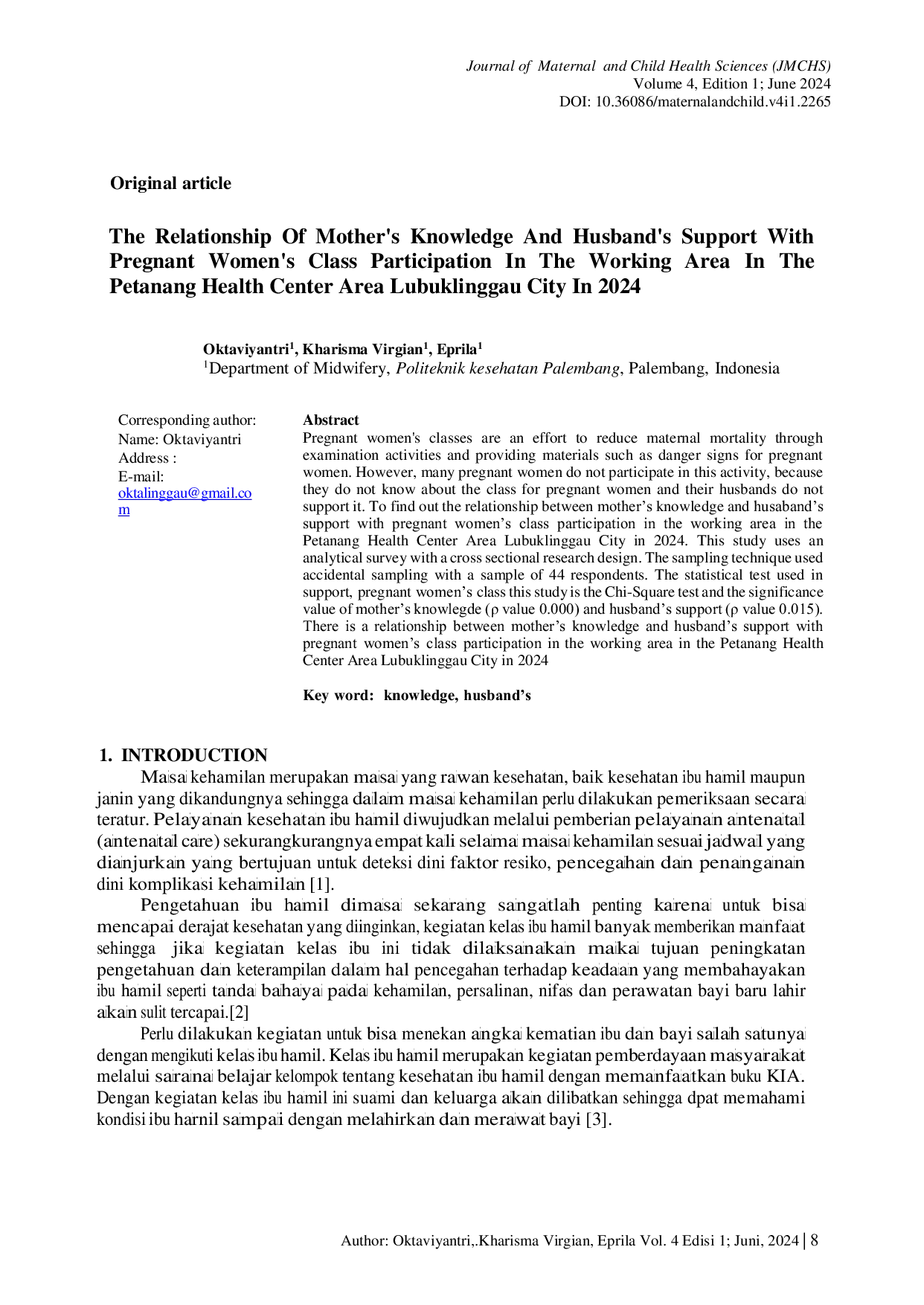 JURIS The Relationship Of Mother s Knowledge And Husband s Support With Pregnant Women s Class Participation In The Working Area In The Petanang Health Center Area Lubuklinggau City In 2024