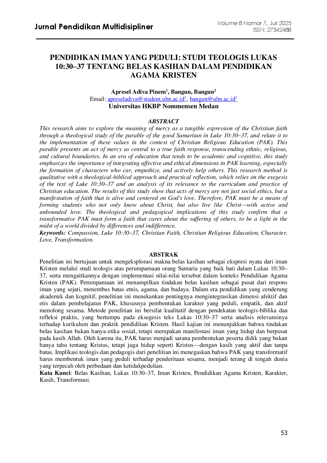 juris Pendidikan Iman Yang Peduli Studi Teologis Lukas 10 30 37 Tentang Belas Kasihan Dalam Pendidikan Agama Kristen