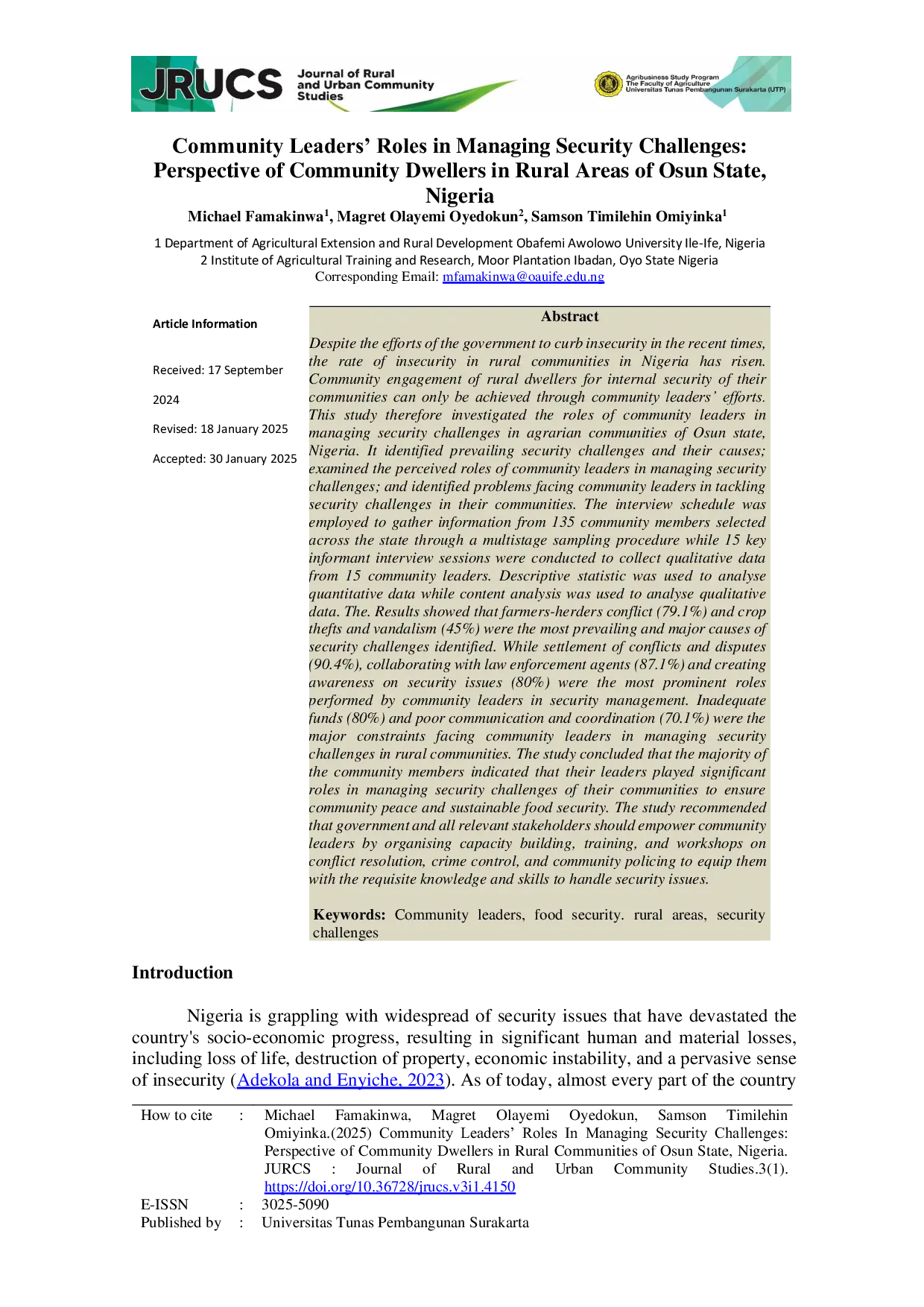 JURIS Community Leaders Roles In Managing Security Challenges Perspective of Community Dwellers in Rural Communities of Osun State Nigeria