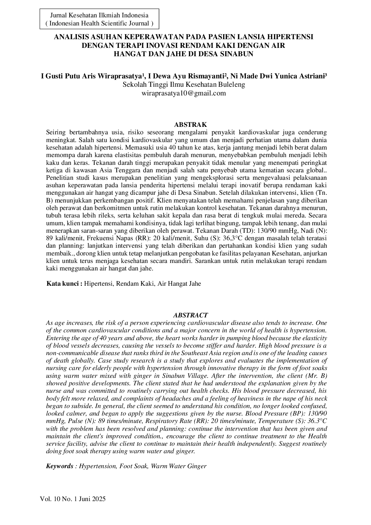 JURIS Analisis Asuhan Keperawatan Pada Pasien Lansia Hipertensi Dengan Terapi Inovasi Rendam Kaki Dengan Air Hangat Dan Jahe Di Desa Sinabun