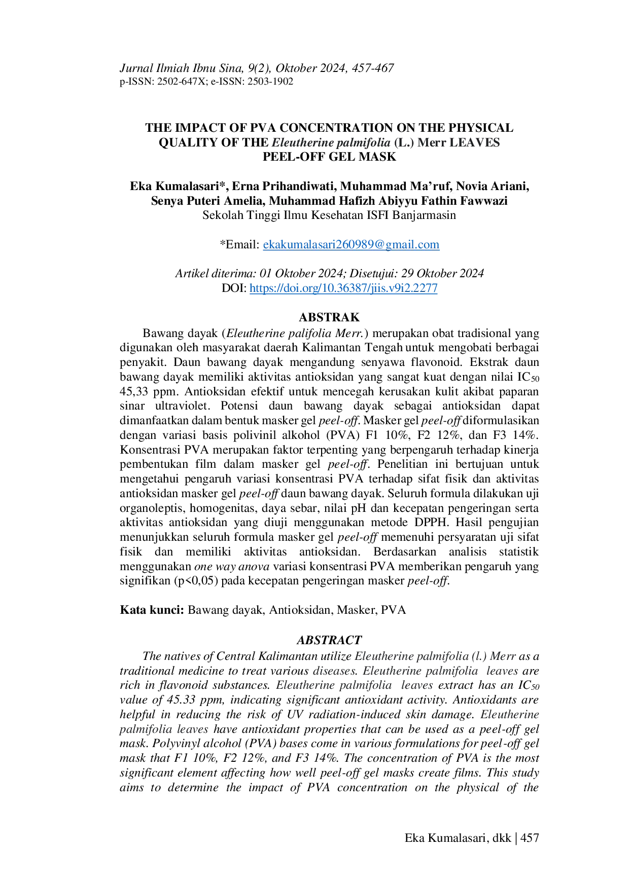 JURIS THE IMPACT OF PVA CONCENTRATION ON THE PHYSICAL QUALITY OF THE Eleutherine palmifolia L Merr LEAVES PEEL OFF GEL MASK