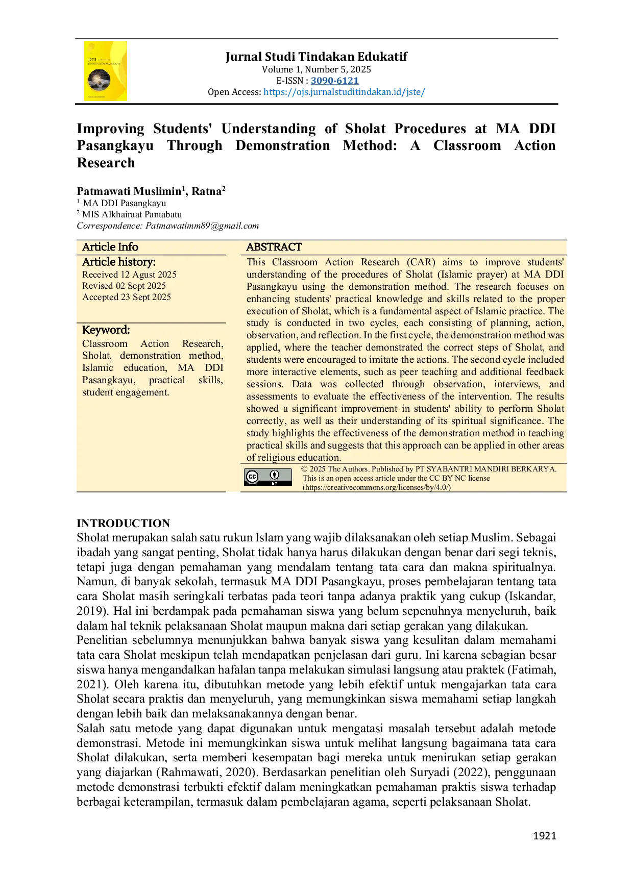 JURIS Improving Students Understanding of Sholat Procedures at MA DDI Pasangkayu Through Demonstration Method A Classroom Action Research
