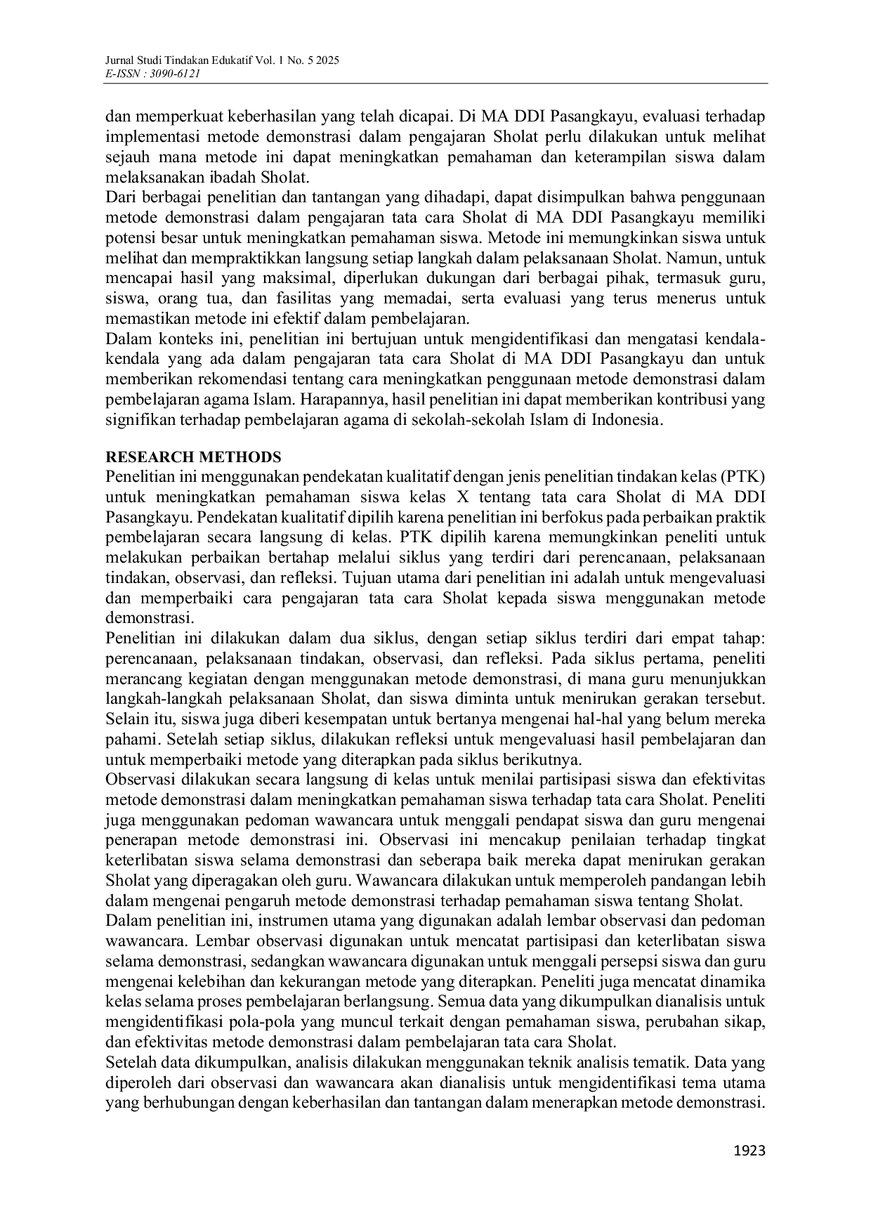 JURIS Improving Students Understanding of Sholat Procedures at MA DDI Pasangkayu Through Demonstration Method A Classroom Action Research