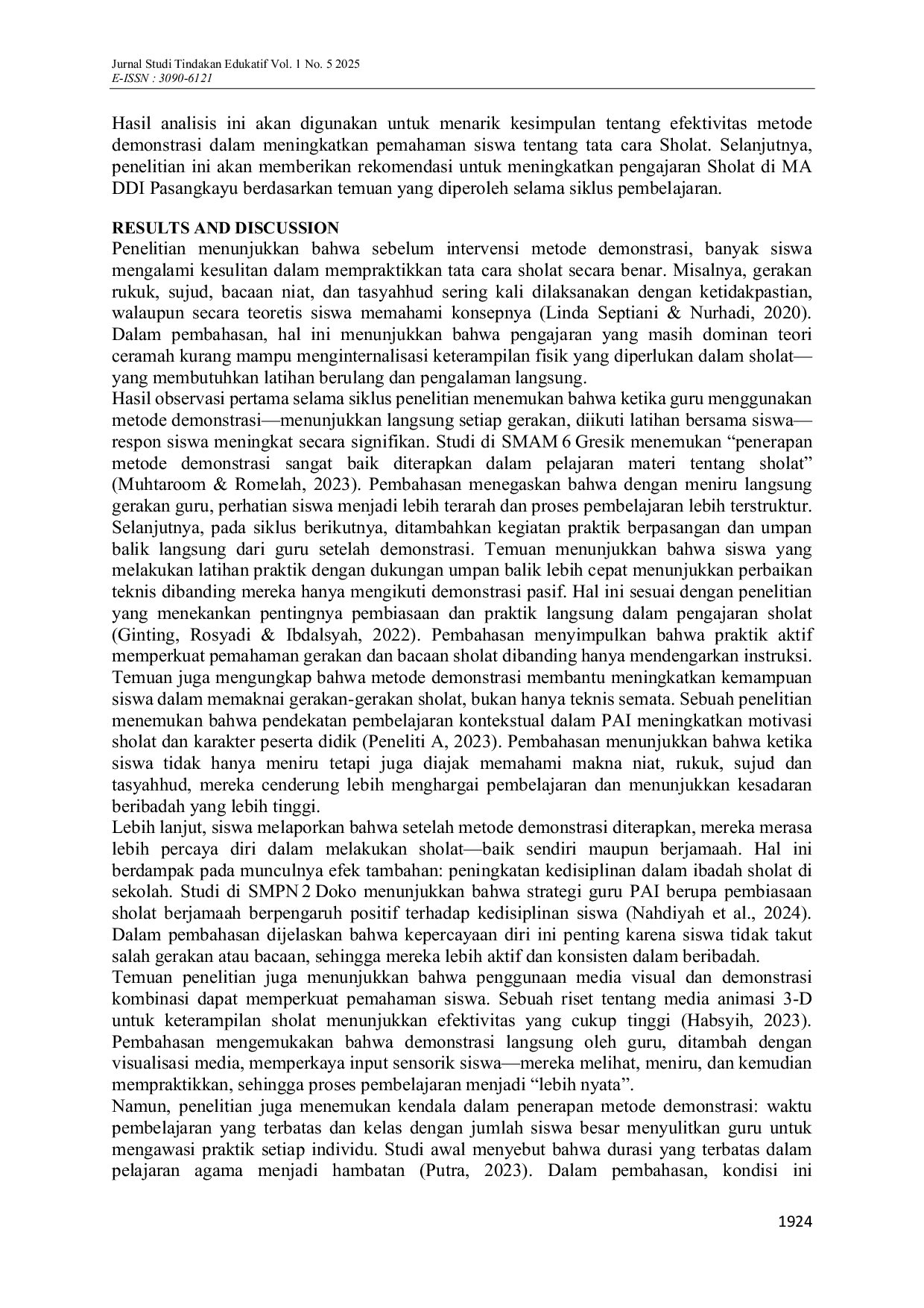 JURIS Improving Students Understanding of Sholat Procedures at MA DDI Pasangkayu Through Demonstration Method A Classroom Action Research