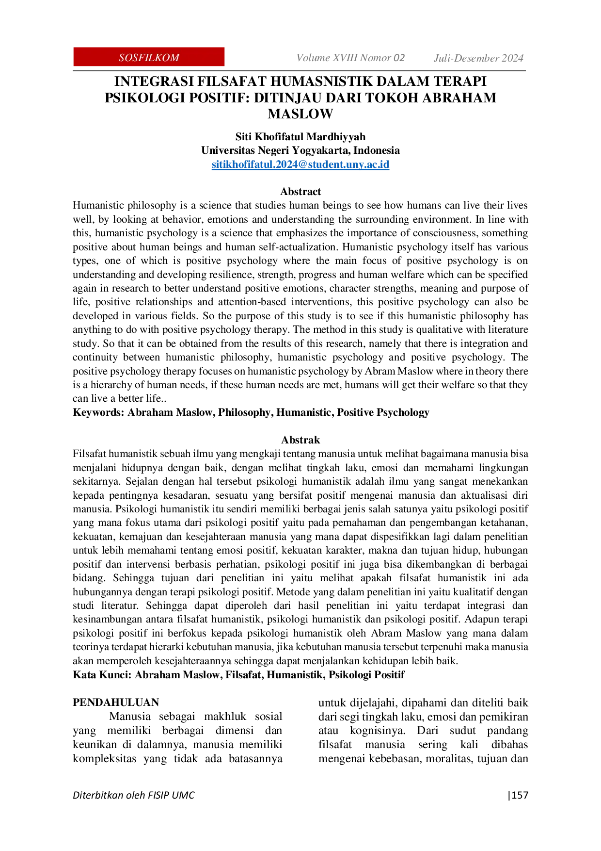 JURIS Integrasi Filsafat Humanistik Dalam Terapi Psikologi Positif Ditinjau Dari Tokoh Abraham Maslow