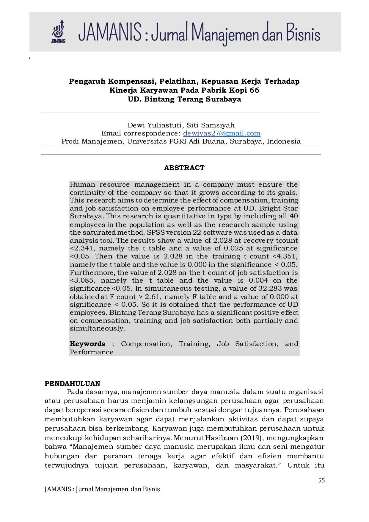JURIS Pengaruh Kompensasi Pelatihan Kepuasan Kerja Terhadap Kinerja Karyawan Pada Pabrik Kopi 66 UD Bintang Terang Surabaya