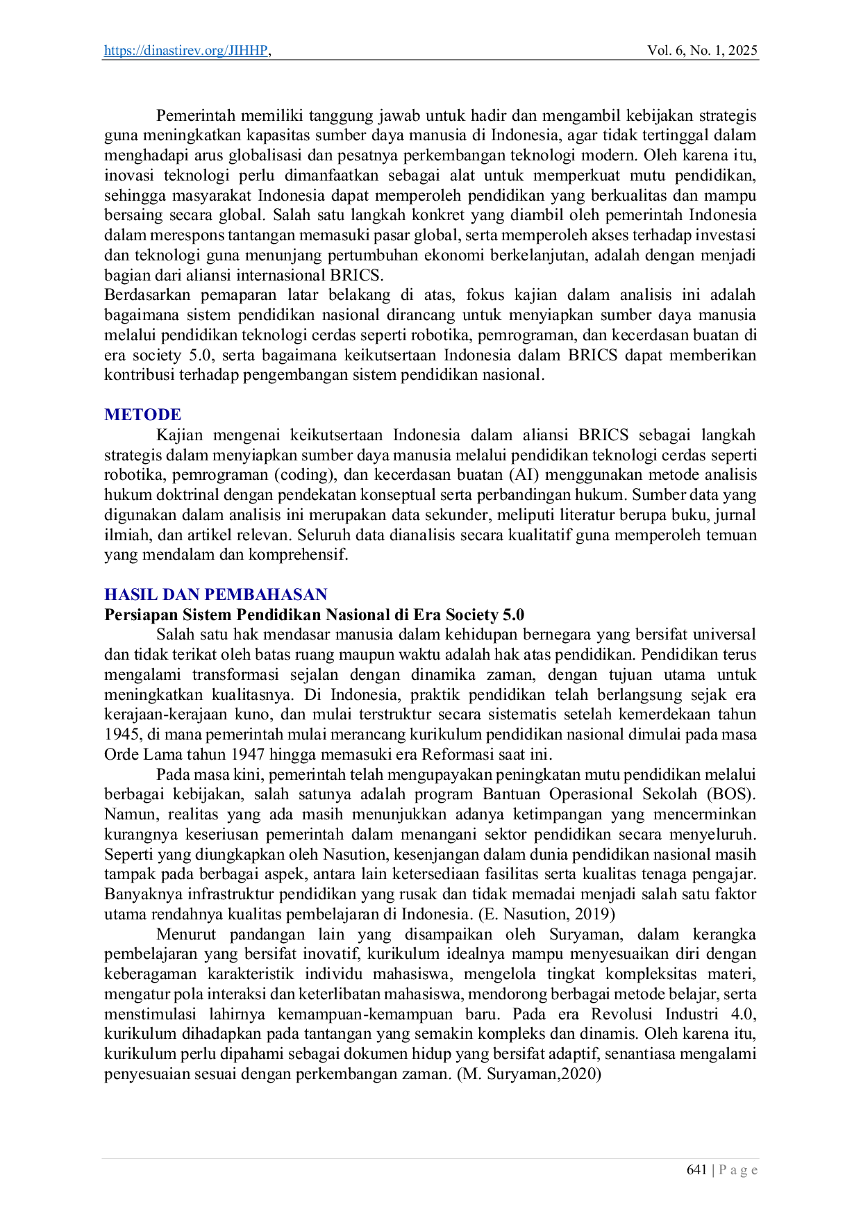 JURIS Aspek Hukum Era Soecity 5 0 Terhadap Sistem Pendidikan Nasional Studi Bergabungnya Indonesia Dalam BRICS