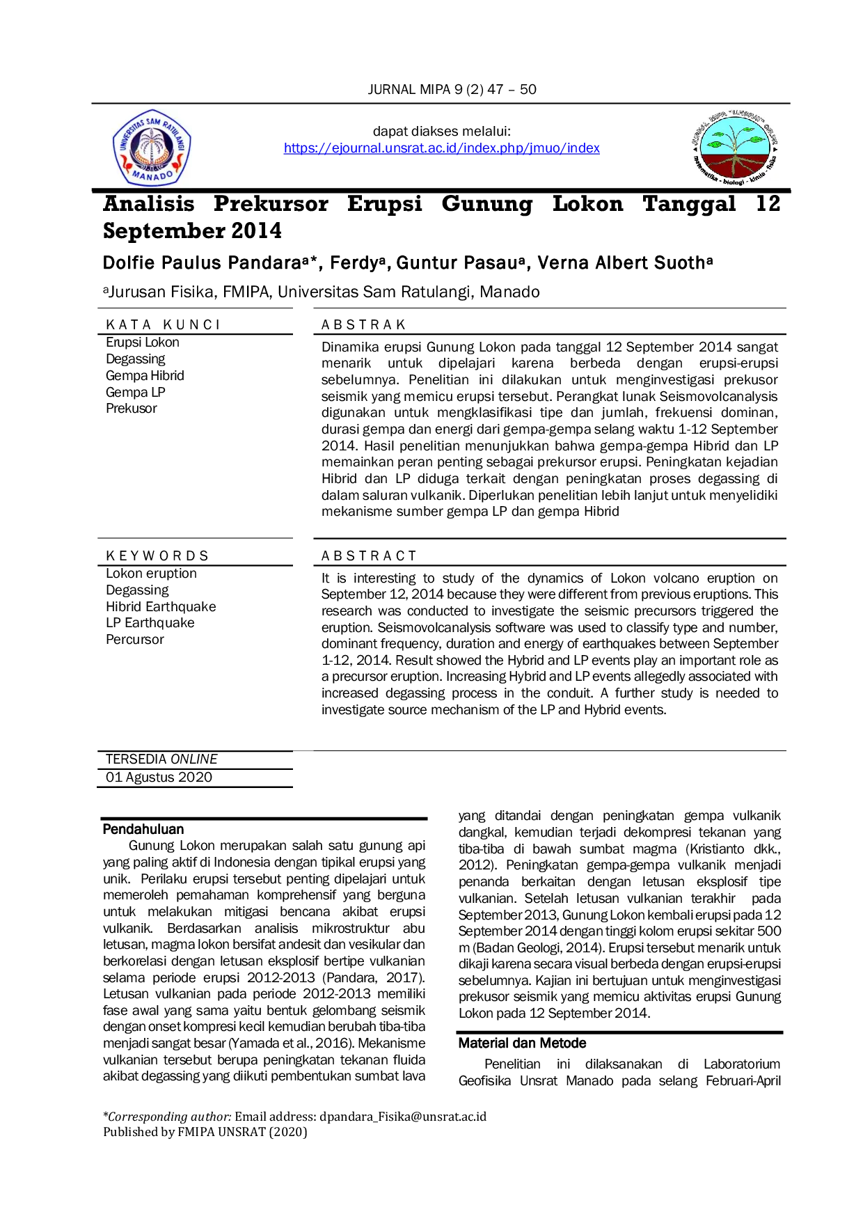 JURIS Analisis Prekursor Erupsi Gunung Lokon Tanggal 12 September 2014