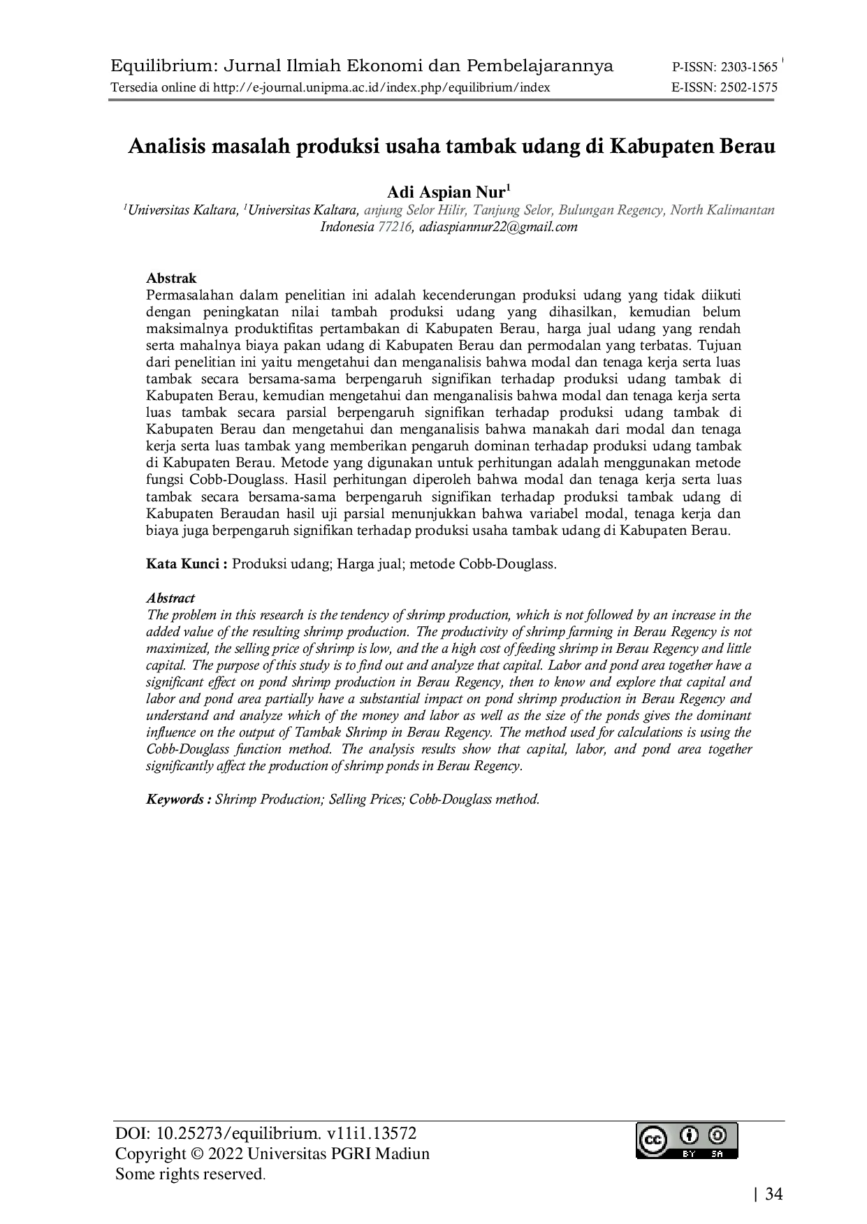 JURIS Analisis masalah produksi usaha tambak udang di Kabupaten Berau