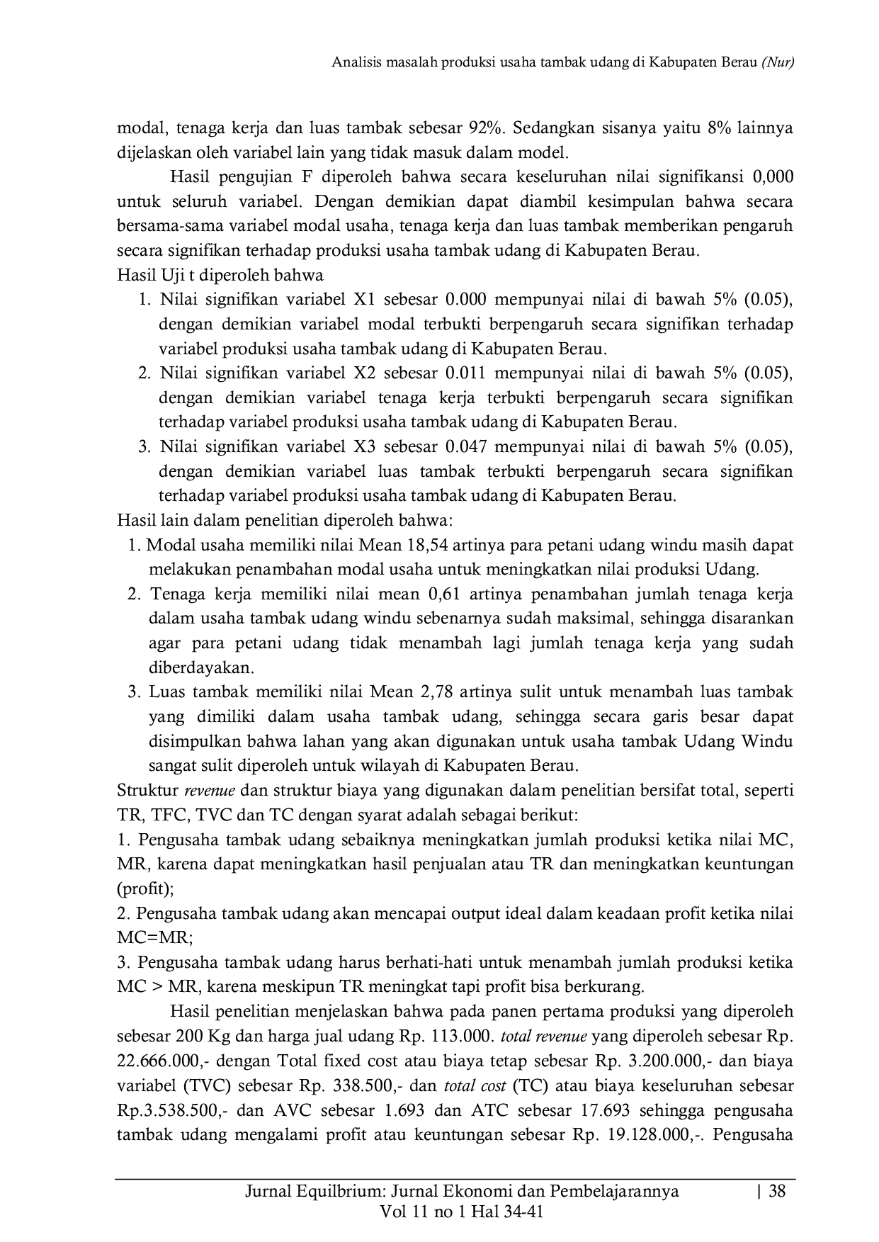 JURIS Analisis masalah produksi usaha tambak udang di Kabupaten Berau