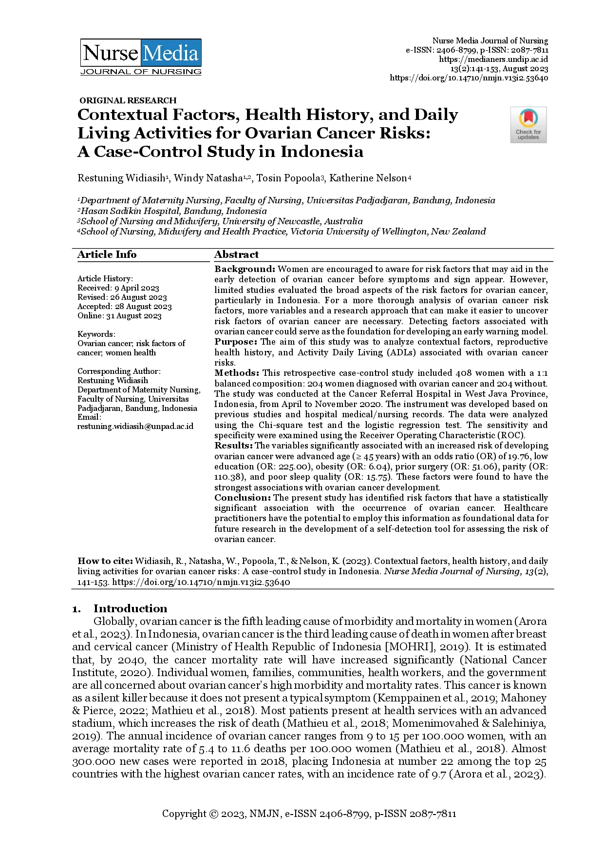 juris Contextual Factors Health History and Daily Living Activities for Ovarian Cancer Risks A Case Control Study in Indonesia