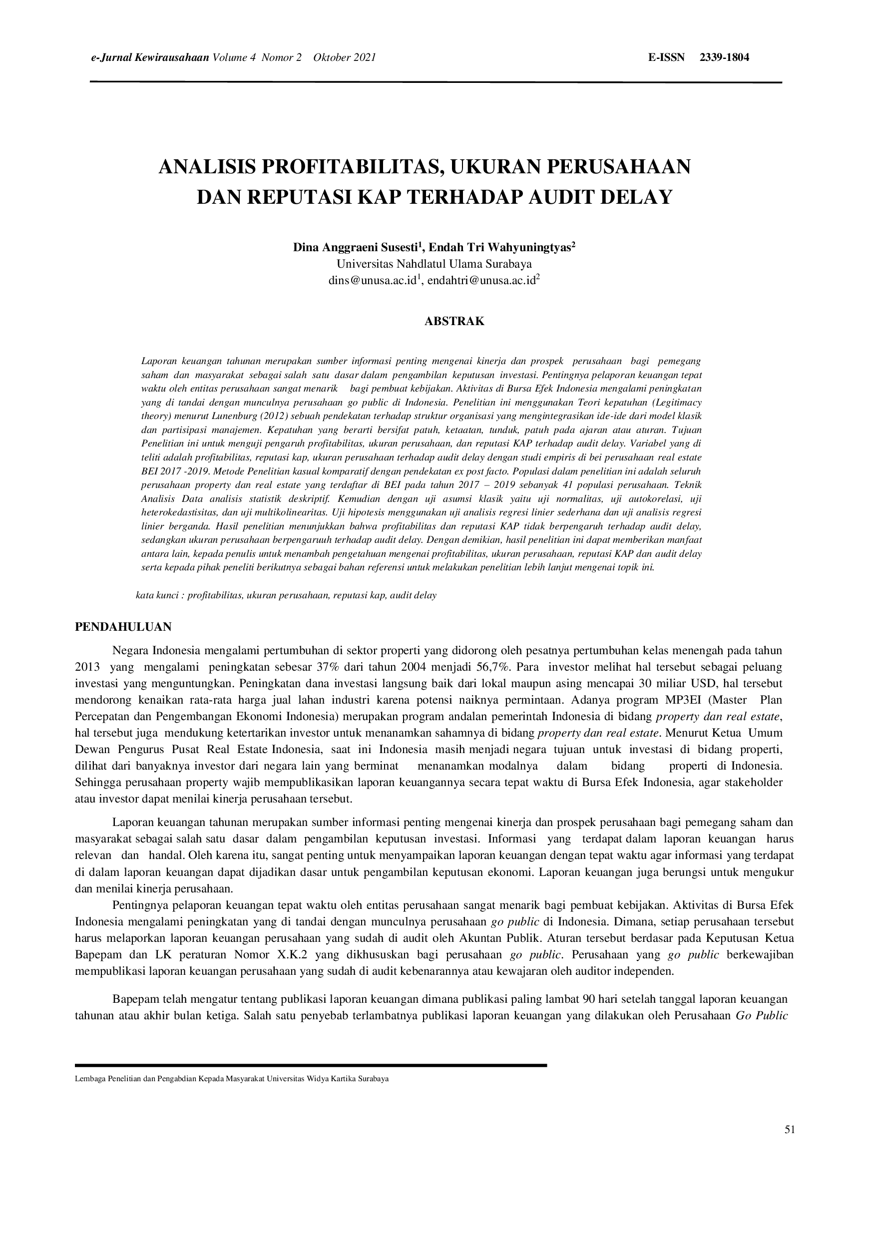 JURIS Analisis Profitabilitas Ukuran Perusahaan Dan Reputasi Kap Terhadap Audit Delay