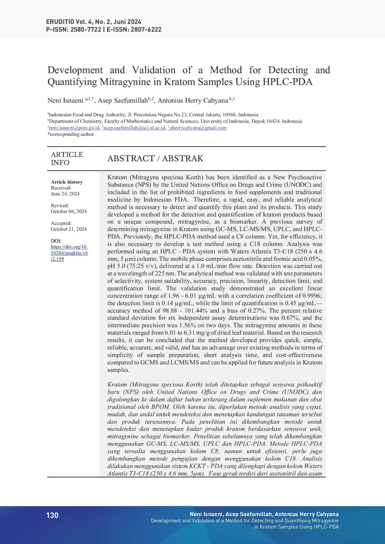 JURIS Development and Validation of a Method for Detecting and Quantifying Mitragynine in Kratom Samples Using HPLC PDA