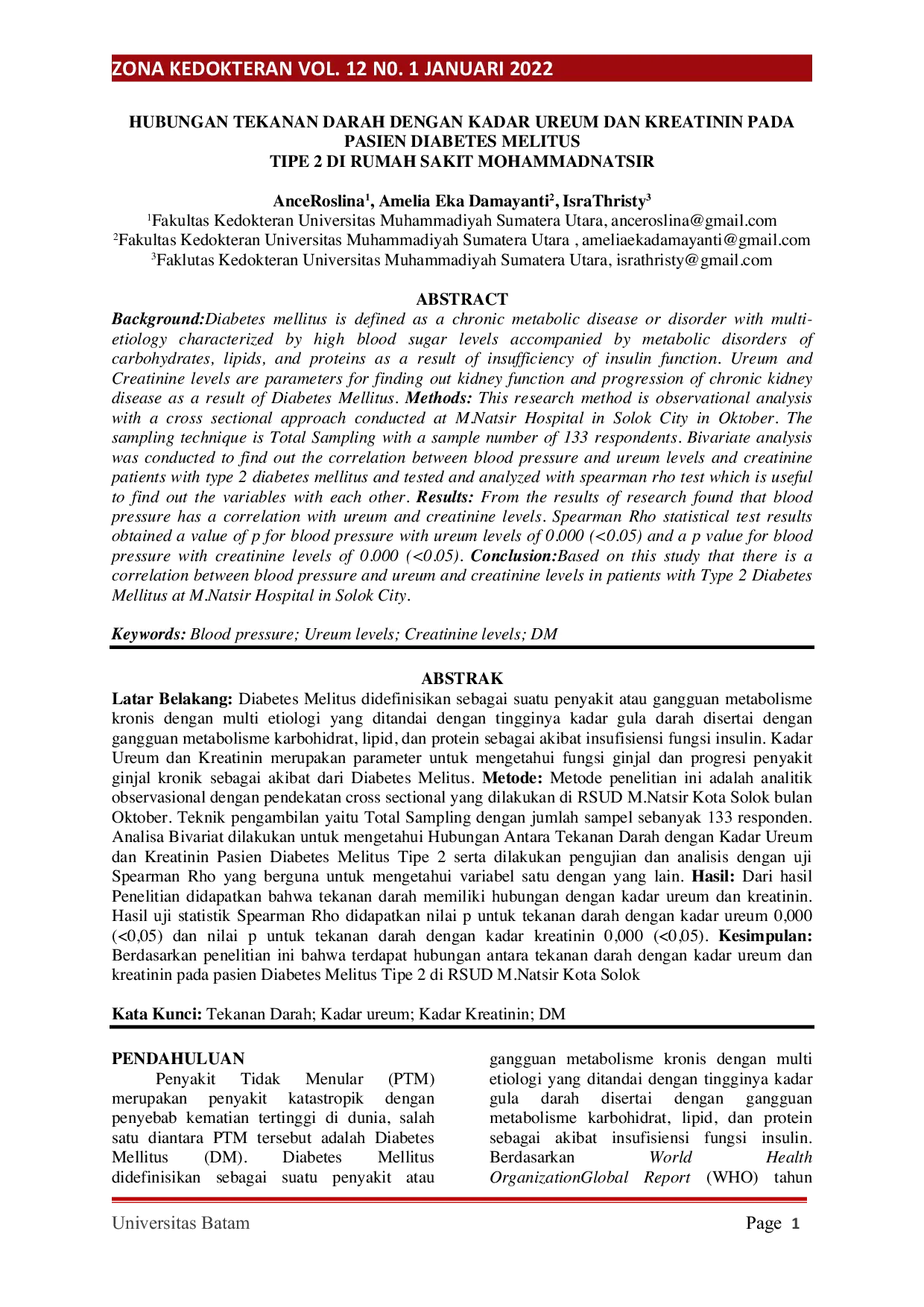JURIS Hubungan Tekanan Darah Dengan Kadar Ureum Dan Kreatinin Pada Pasien Diabetes Melitus Tipe 2 Di Rumah Sakit Mohammadnatsir