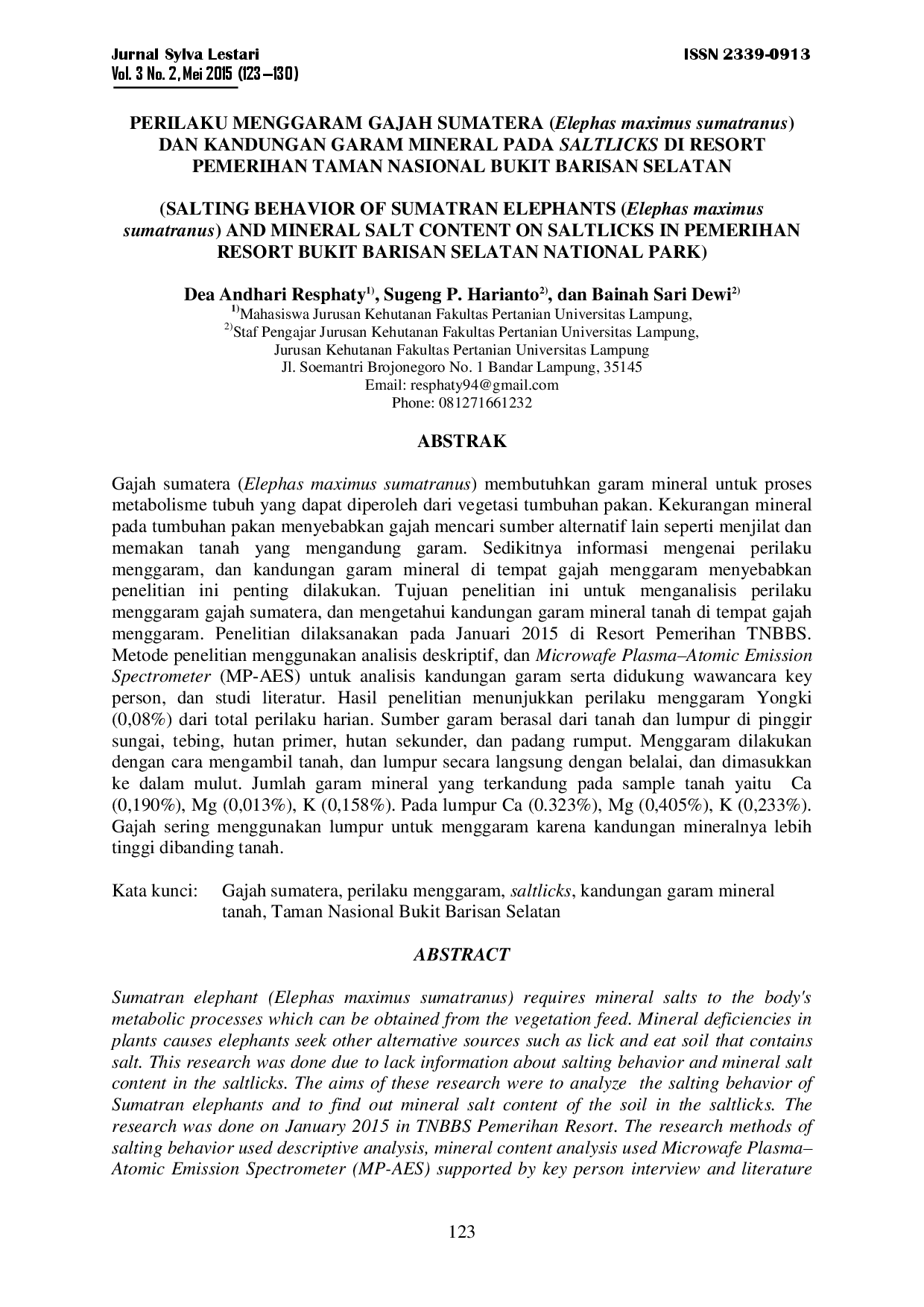 juris Perilaku Menggaram Gajah Sumatera Elephas Maximus Sumatranus Dan Kandungan Garam Mineral Pada Saltlicks Di Resort Pemerihan Taman Nasional Bukit Barisan Selatan