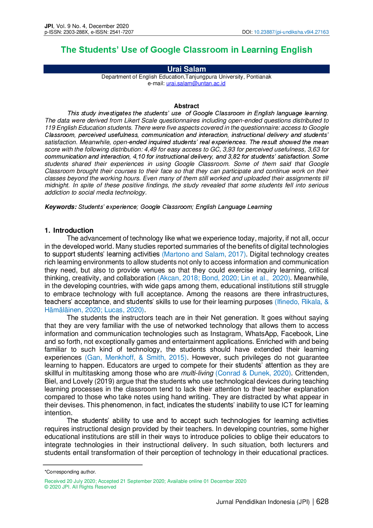 juris The Students Use of Google Classroom in Learning English
