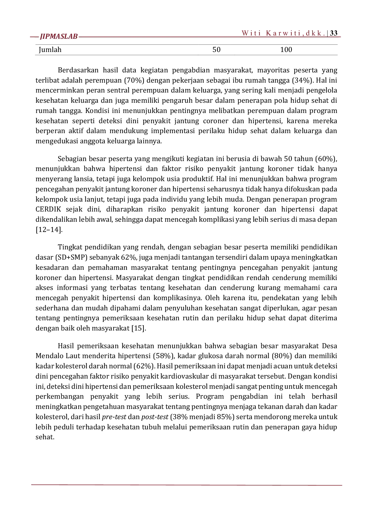 JURIS Strategi Pencegahan dan Pengendalian Faktor Risiko Penyakit Jantung Koroner pada Penderita Hipertensi Melalui Peningkatan Pengetahuan dan Pemeriksaan Kesehatan