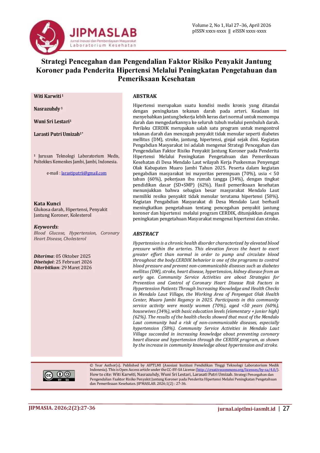JURIS Strategi Pencegahan dan Pengendalian Faktor Risiko Penyakit Jantung Koroner pada Penderita Hipertensi Melalui Peningkatan Pengetahuan dan Pemeriksaan Kesehatan