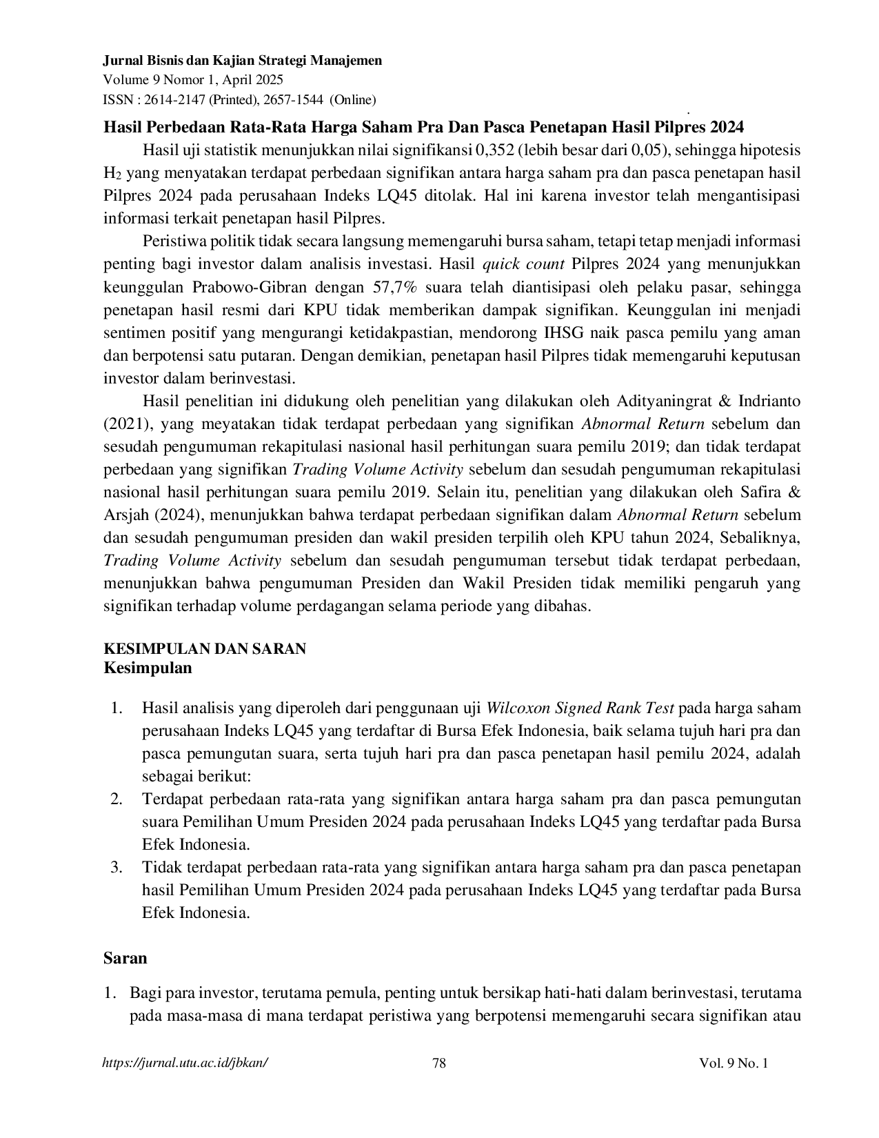 JURIS Analisis Komparatif Harga Saham Pra Dan Pasca Pemilihan Umum Presiden 2024 Studi Empiris Pada Perusahaan Indeks LQ45 Yang Terdaftar Di Bursa Efek Indonesia