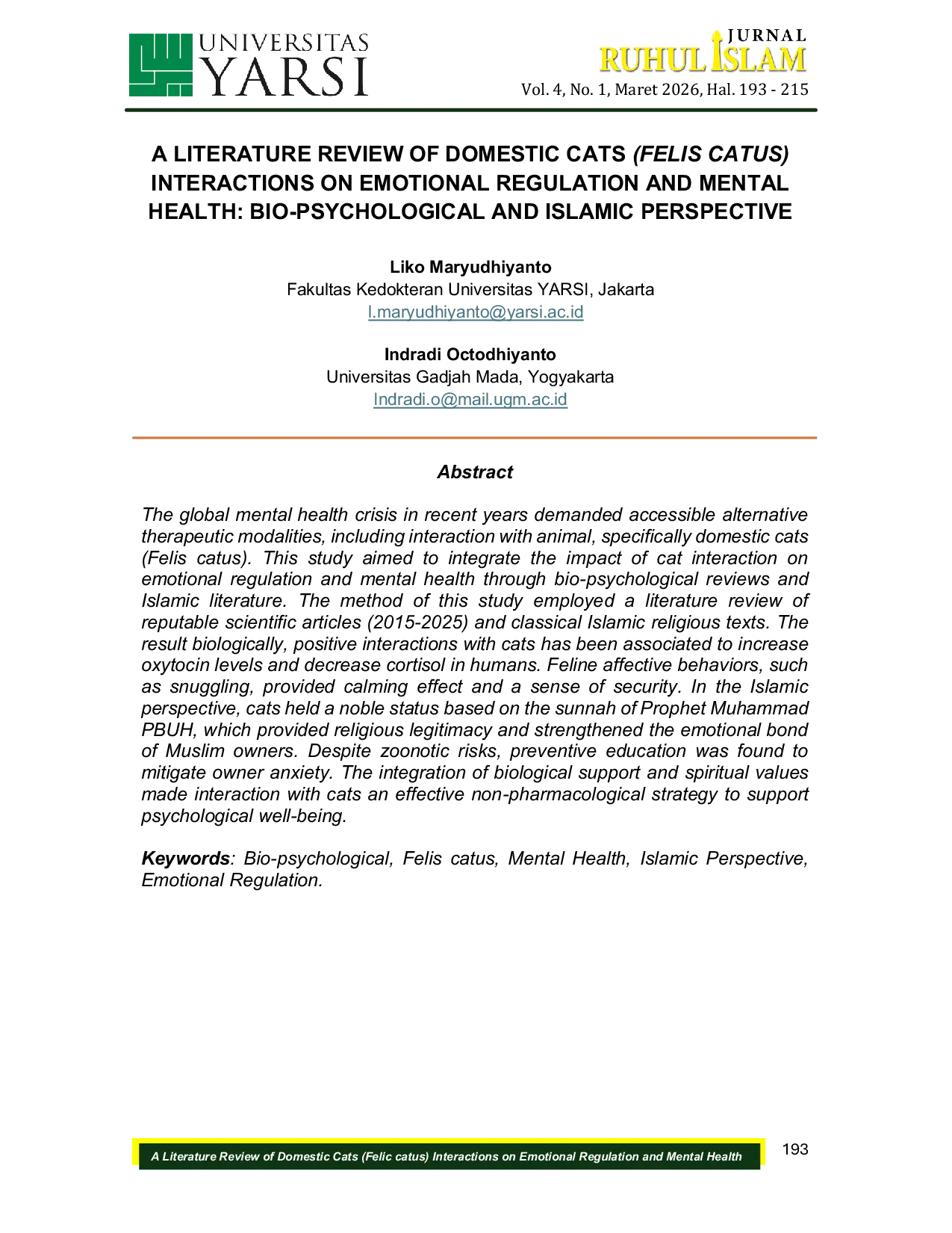 JURIS A Literature Review of Domestic Cats Felis Catus Interactions on Emotional Regulation and Mental Health Bio psychological and Islamic Perspective