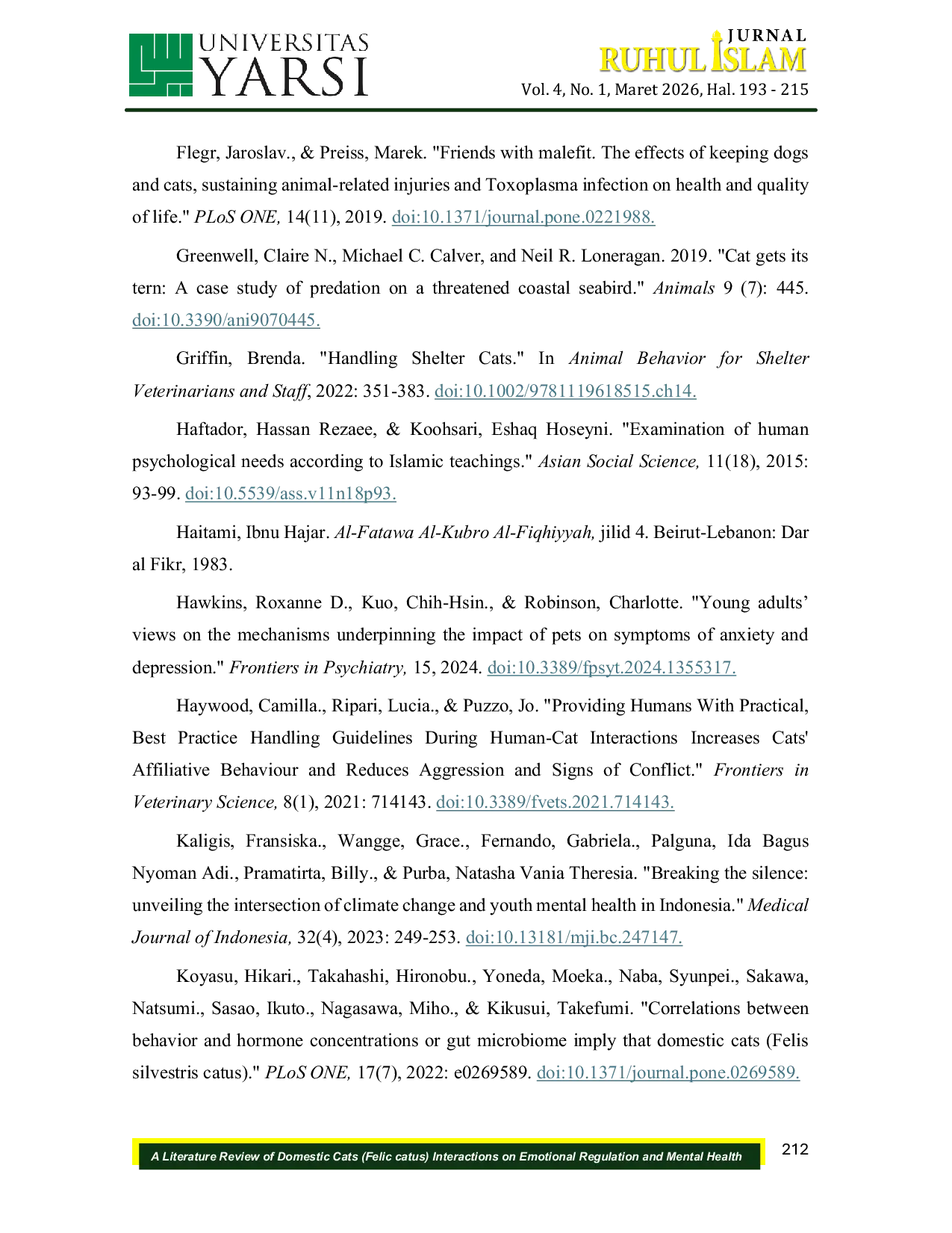 JURIS A Literature Review of Domestic Cats Felis Catus Interactions on Emotional Regulation and Mental Health Bio psychological and Islamic Perspective