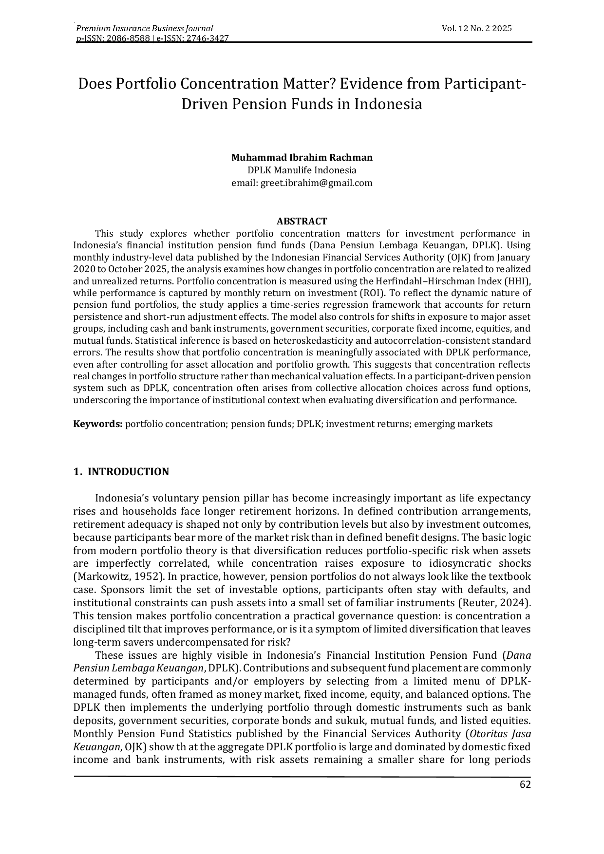 JURIS Does Portfolio Concentration Matter Evidence from Participant Driven Pension Funds in Indonesia