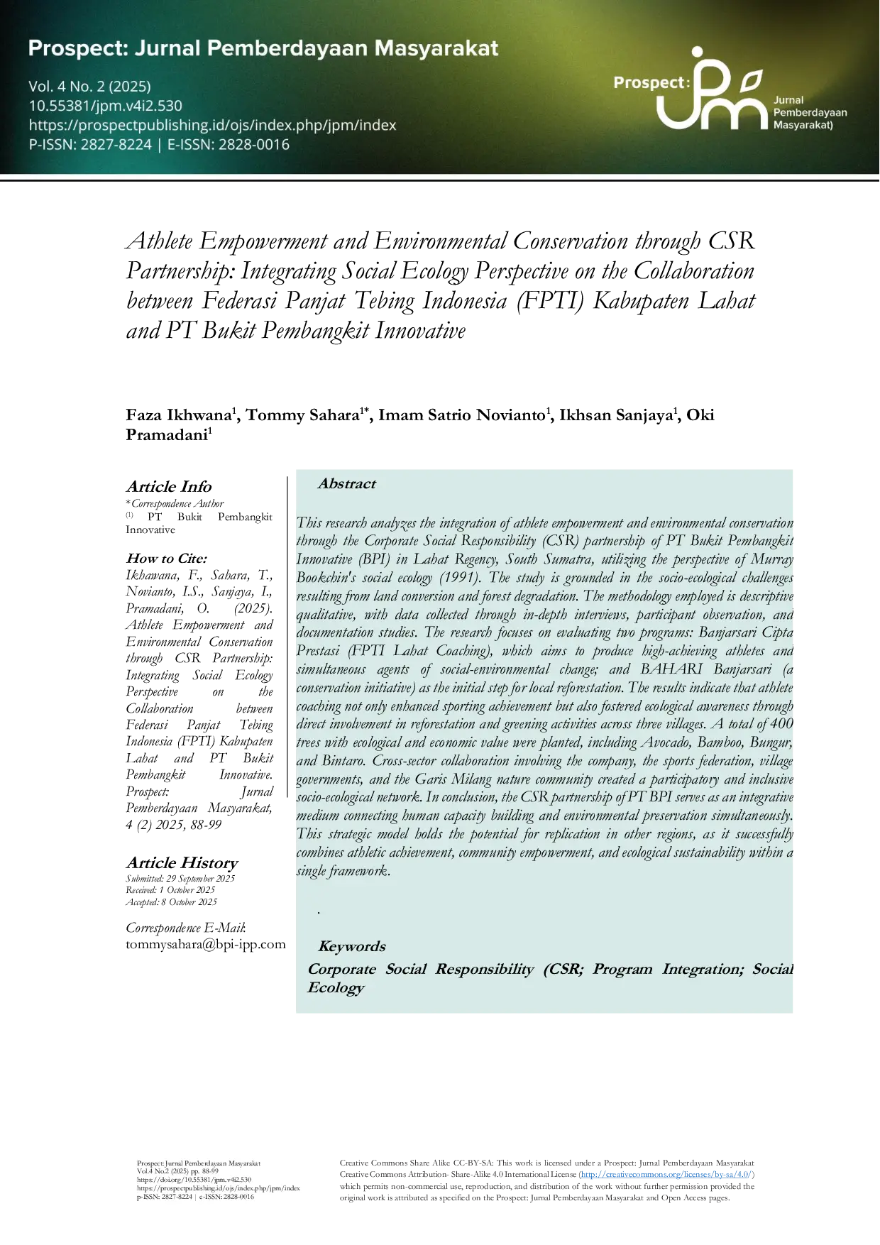 JURIS Integrating Athlete Empowerment and Environmental Conservation through CSR Partnership A Social Ecology Perspective on the Collaboration between Federasi Panjat Tebing Indonesia FPTI Kabupaten Laha