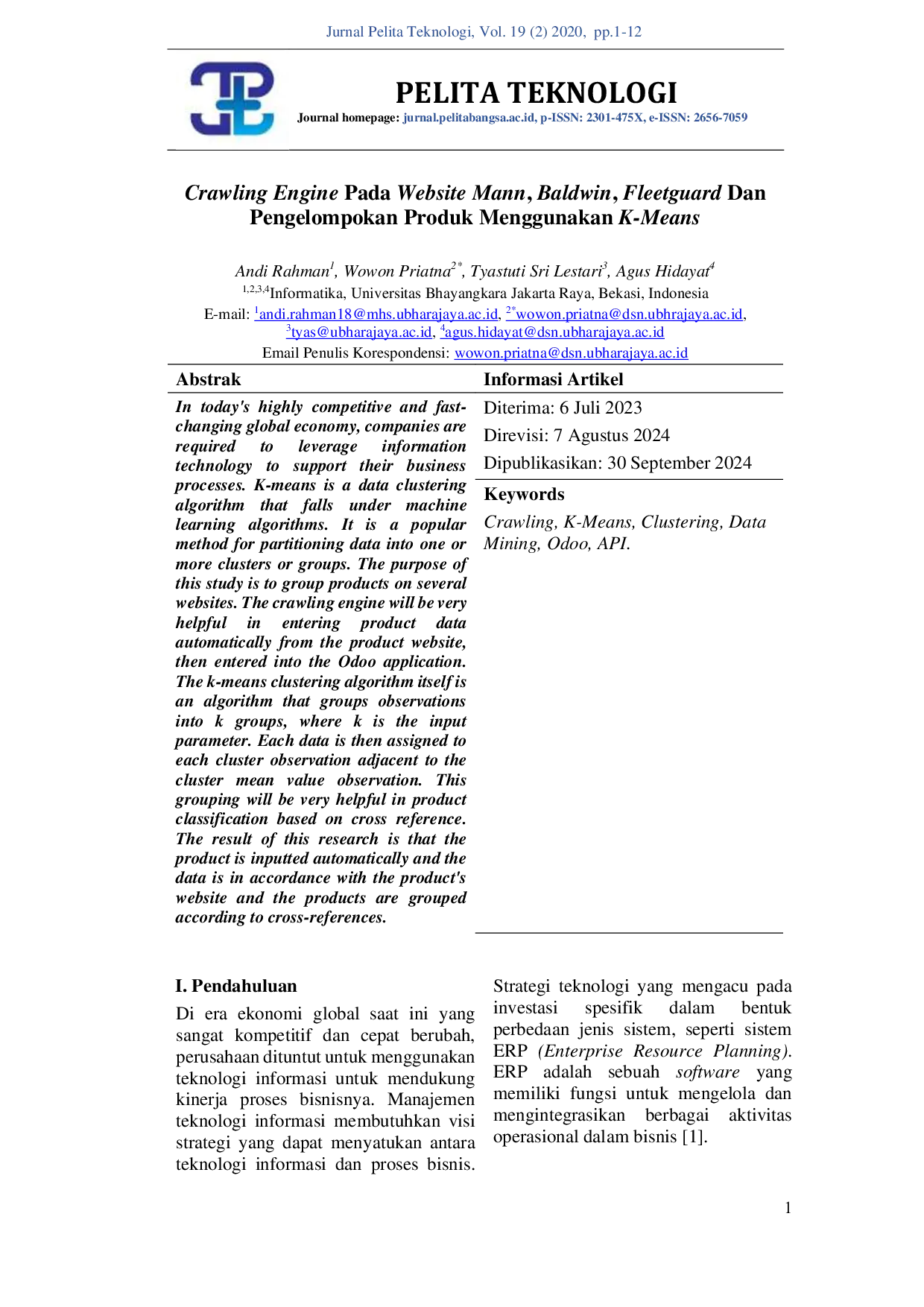 JURIS Crawling Engine Pada Website Mann Baldwin Fleetguard Dan Pengelompokan Produk Menggunakan K Means