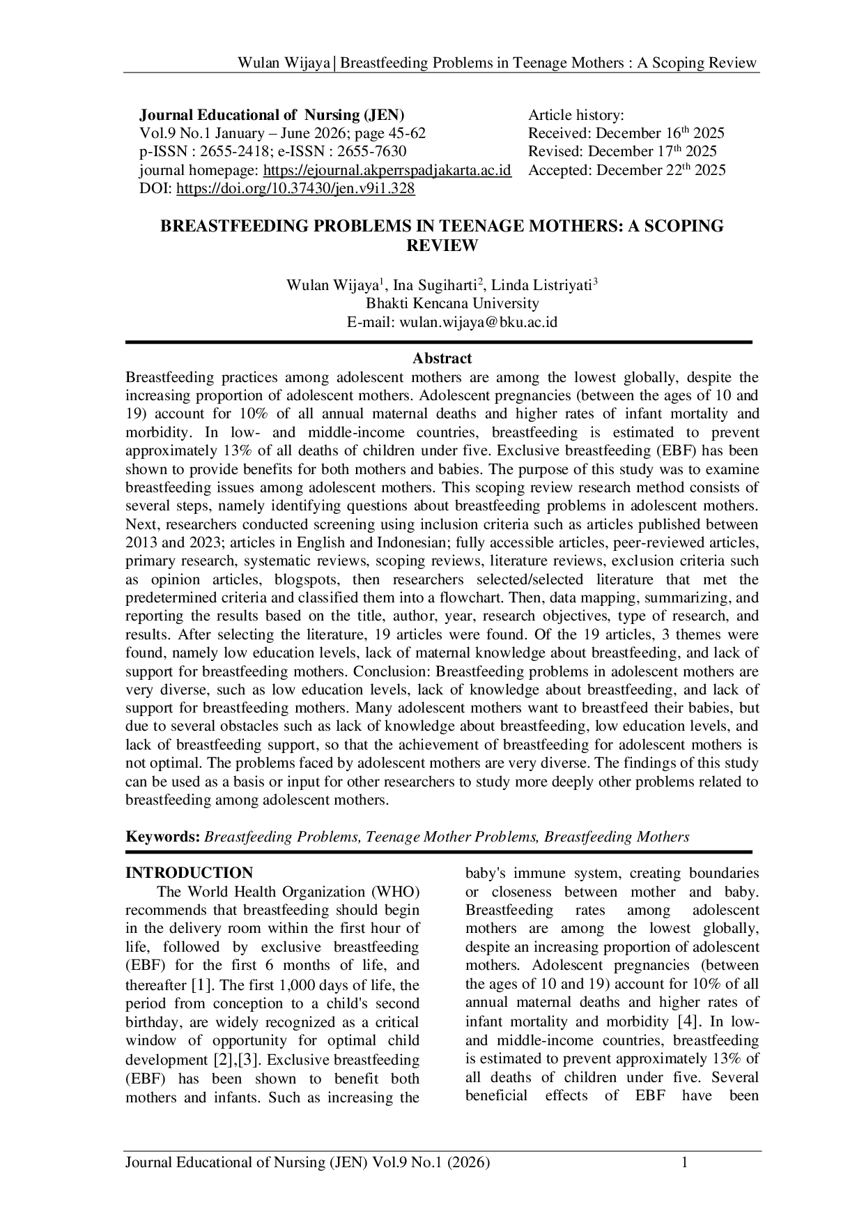 JURIS Breastfeeding Problems In Teenage Mothers A Scoping Review