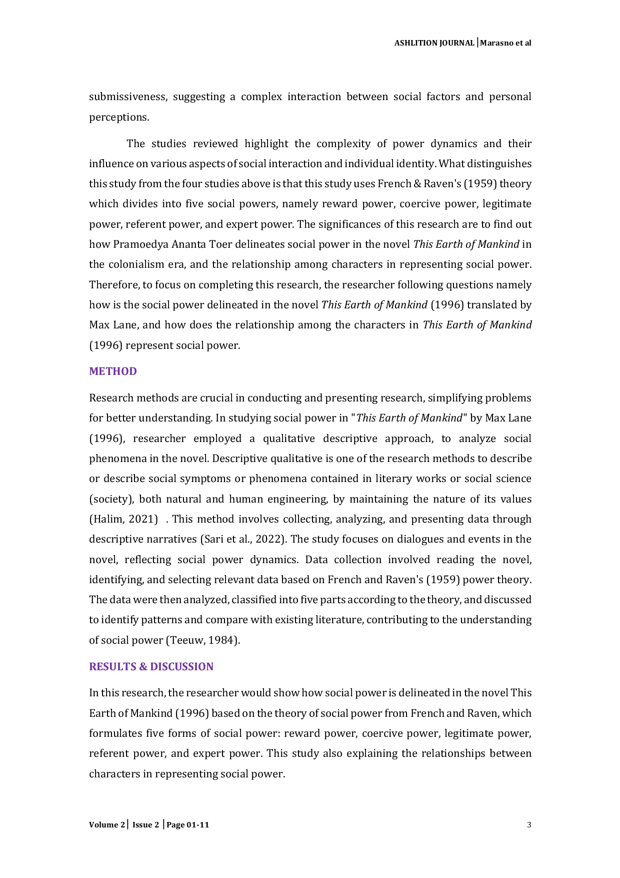 JURIS Social Power Delineates in the Novel This Earth of Mankind 1996