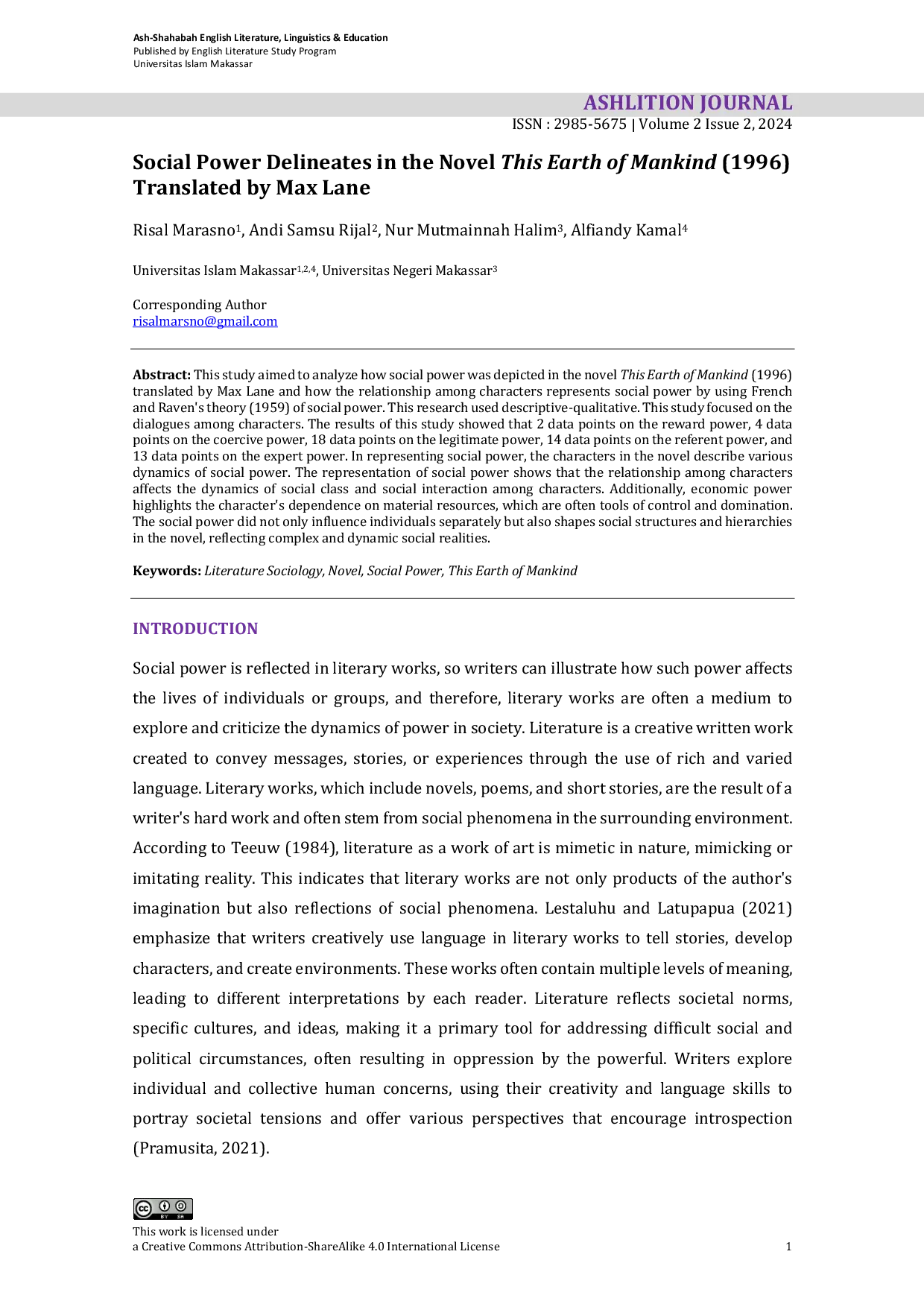 JURIS Social Power Delineates in the Novel This Earth of Mankind 1996