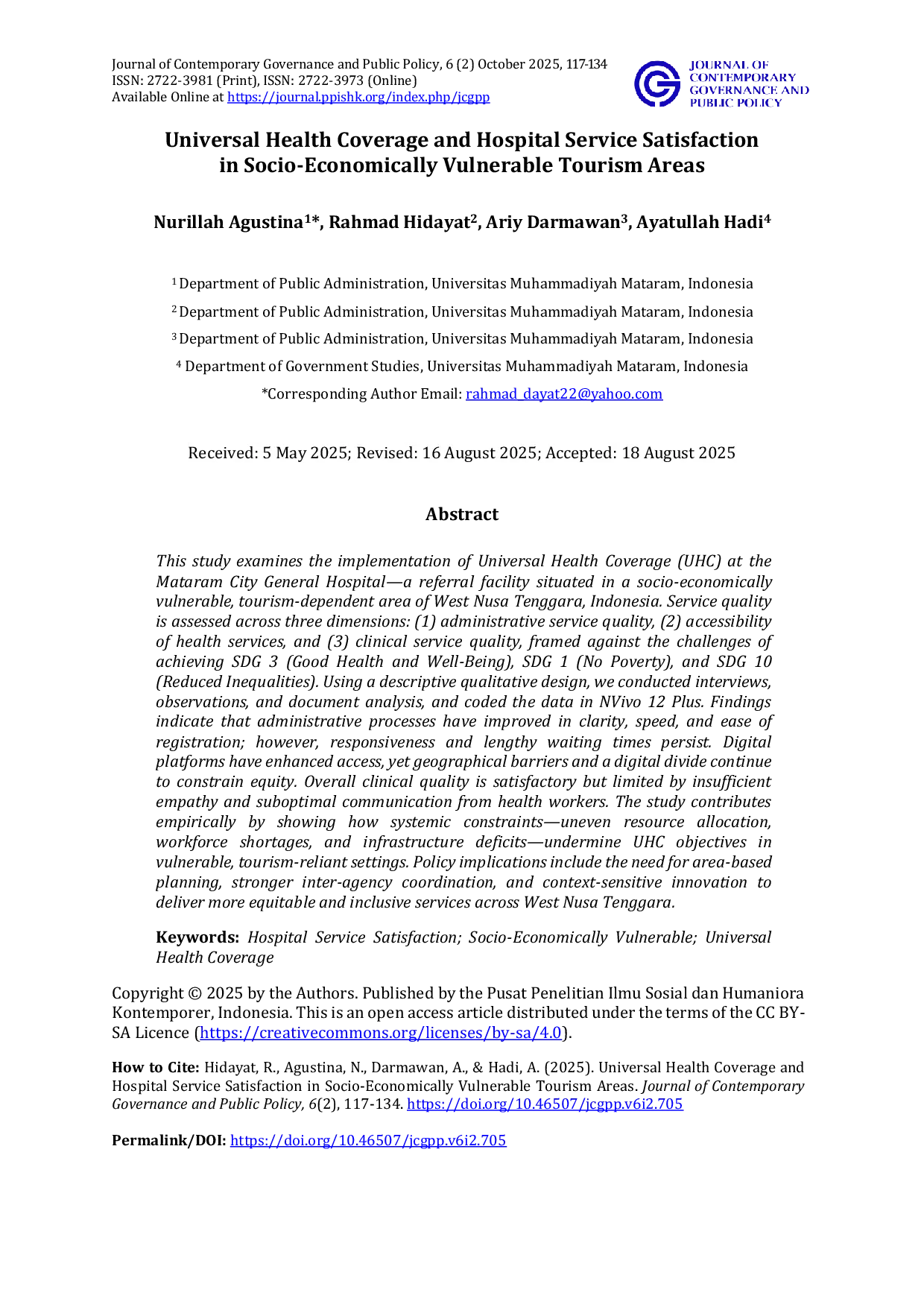 JURIS Universal Health Coverage and Hospital Service Satisfaction in Socio Economically Vulnerable Tourism Areas