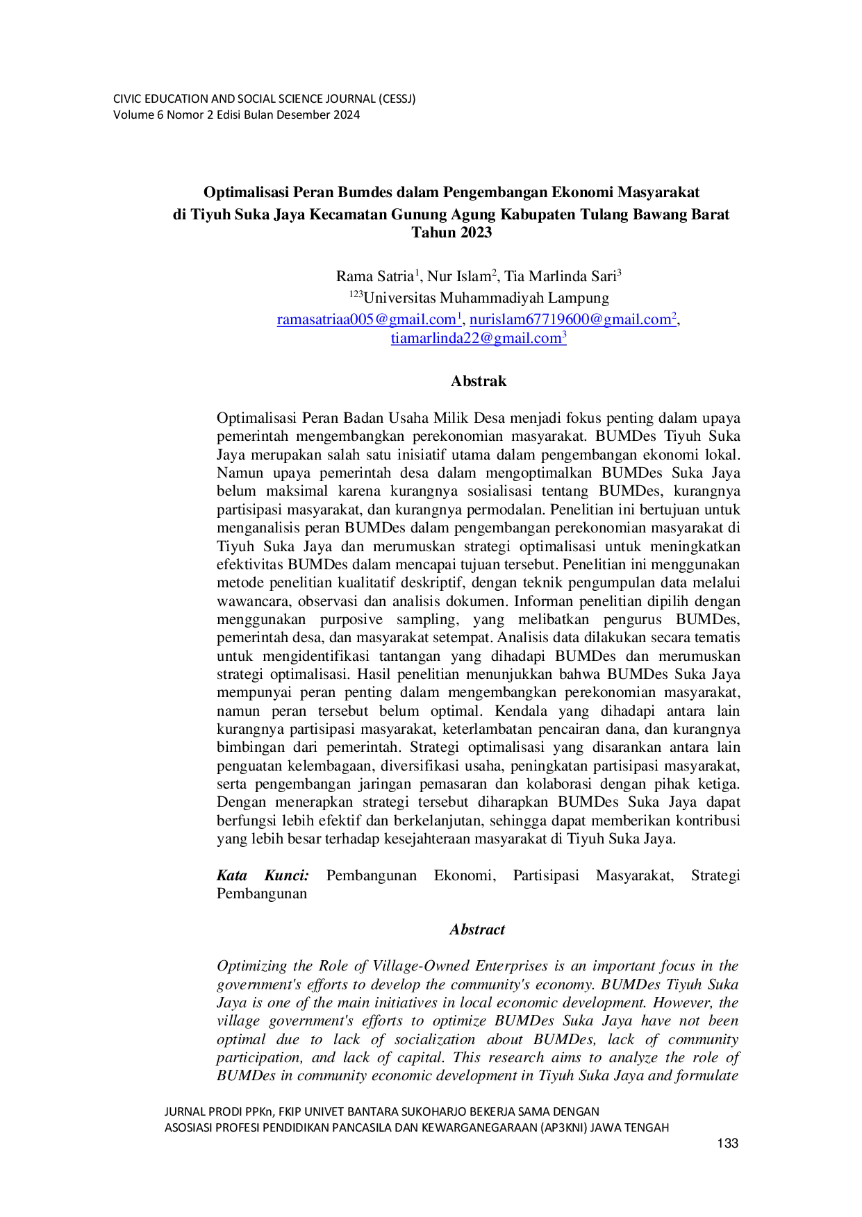 JURIS Optimalisasi Peran Bumdes dalam Pengembangan Ekonomi Masyarakat di Tiyuh Suka Jaya Kecamatan Gunung Agung Kabupaten Tulang Bawang Barat Tahun 2023