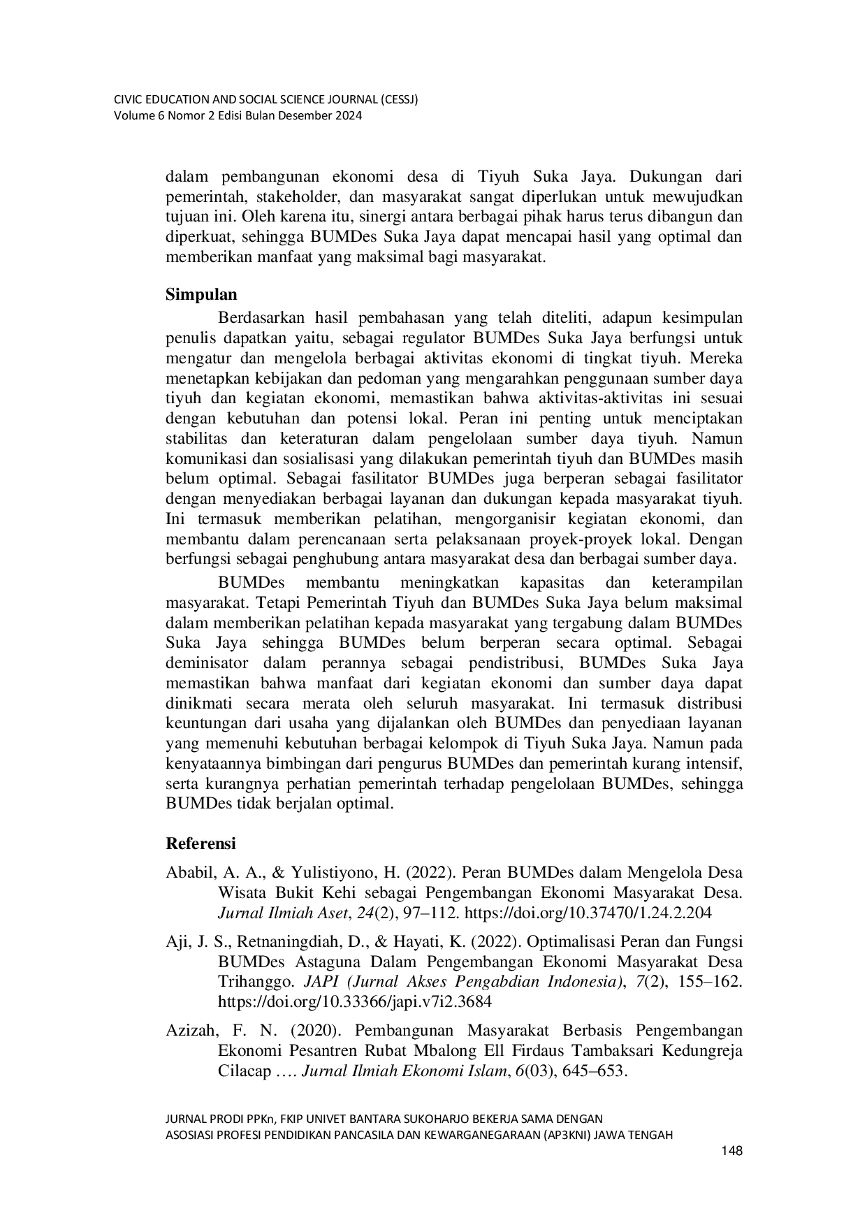 JURIS Optimalisasi Peran Bumdes dalam Pengembangan Ekonomi Masyarakat di Tiyuh Suka Jaya Kecamatan Gunung Agung Kabupaten Tulang Bawang Barat Tahun 2023