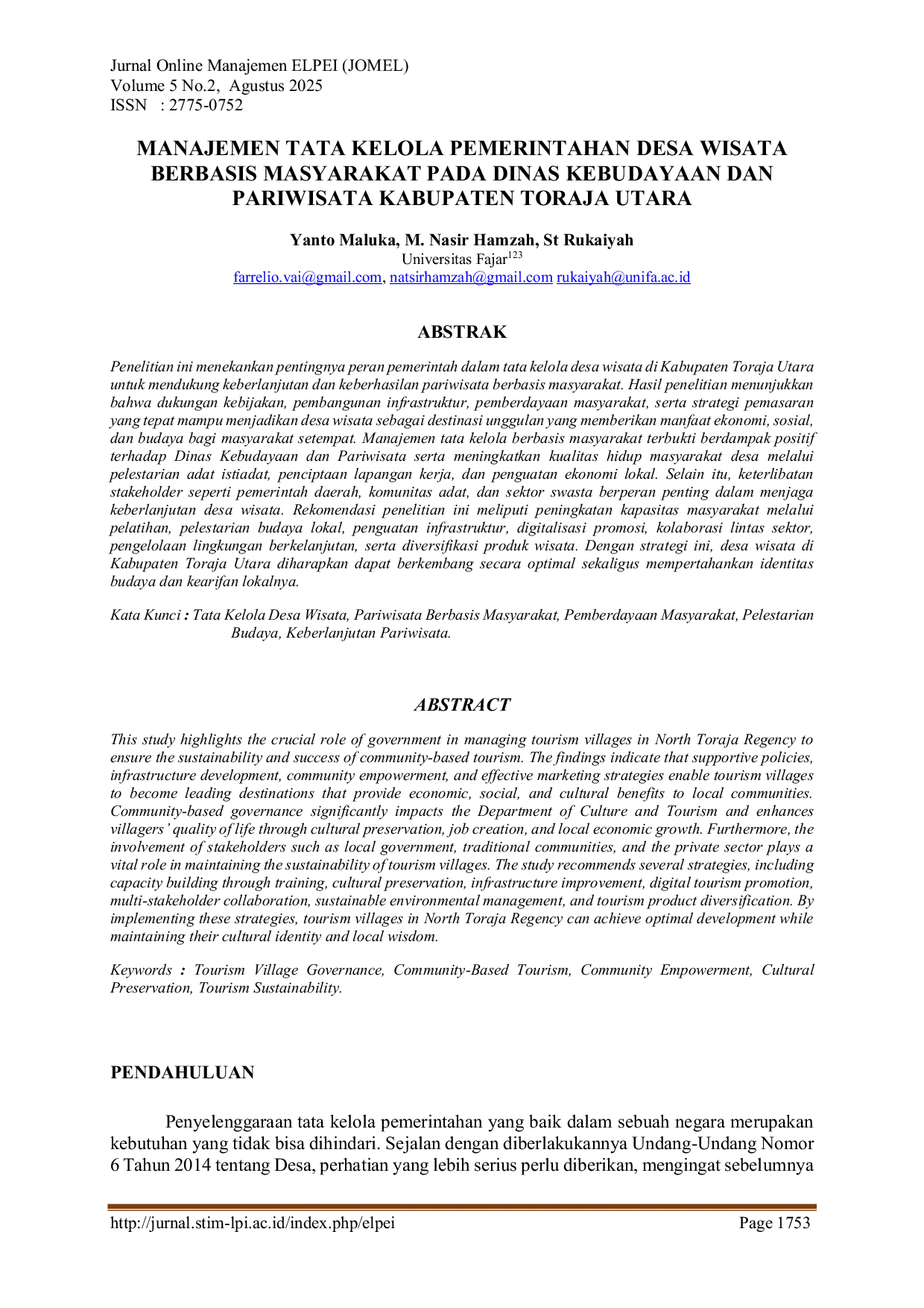 JURIS Management of Community Based Tourism Village Governance at the Department of Culture and Tourism of North Toraja Regency