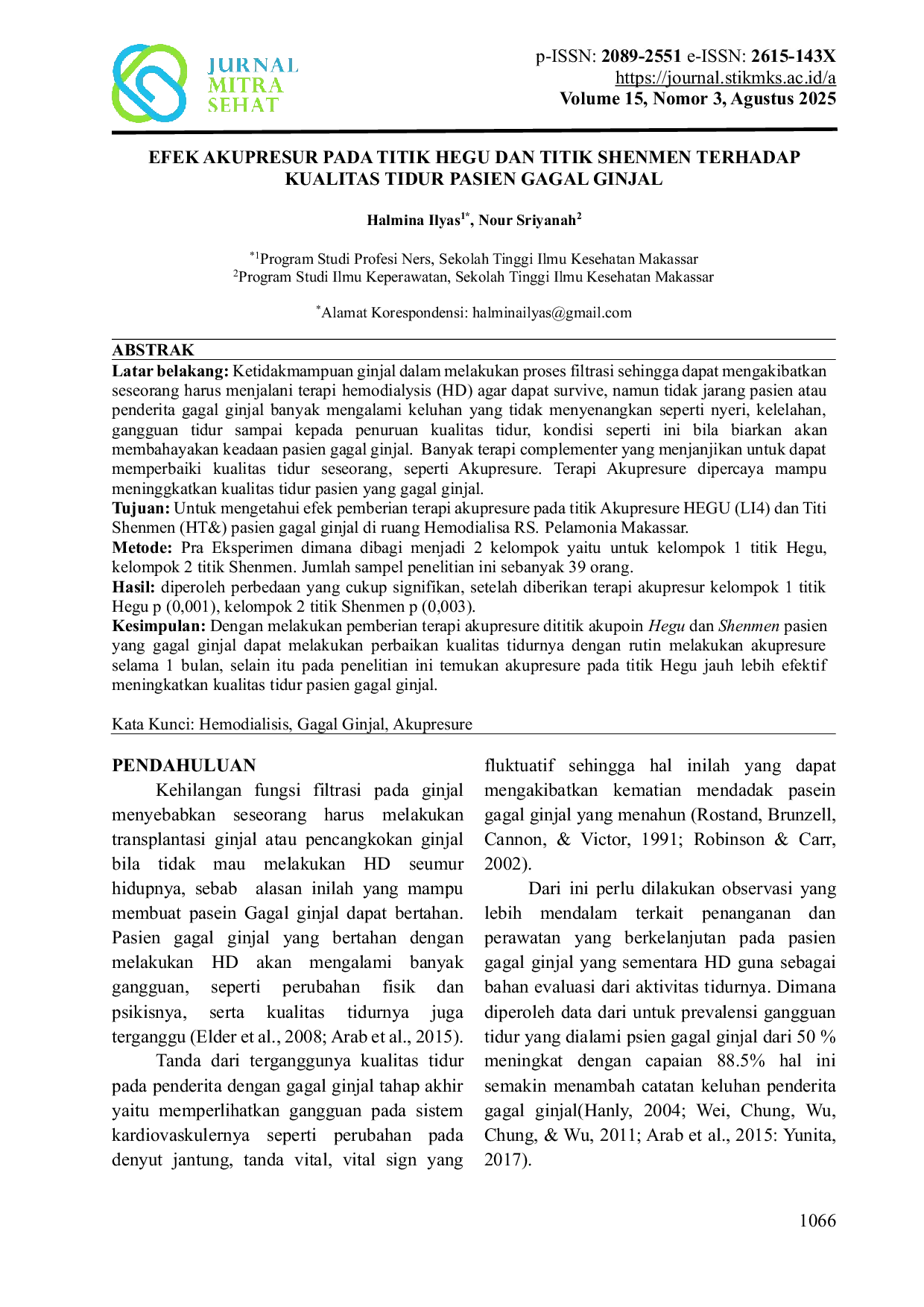JURIS Efek Akupresur Pada Titik Hegu Dan Titik Shenmen Terhadap Kualitas Tidur Pasien Gagal Ginjal