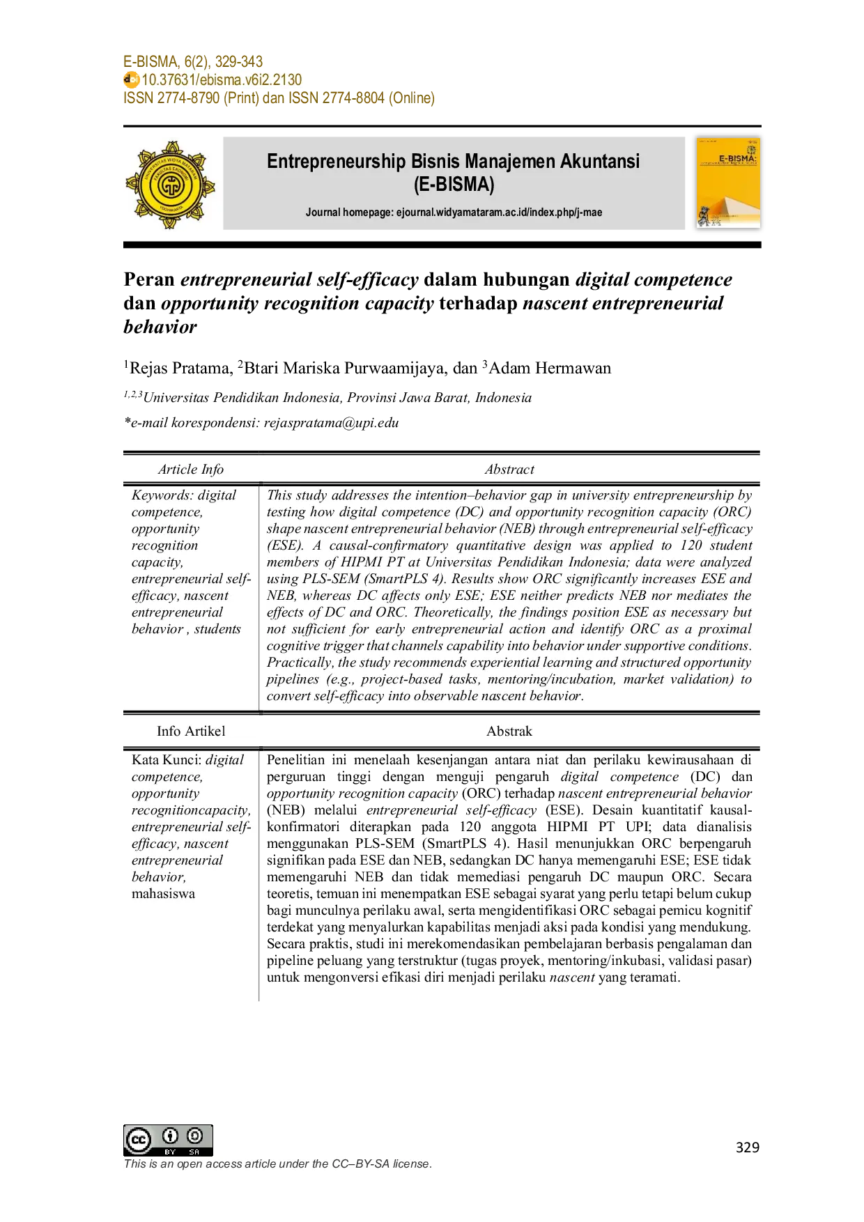 JURIS Peran Entrepreneurial Self Efficacy dalam Hubungan Digital Competence dan Opportunity Recognition Capacity terhadap Nascent Entrepreneurial Behavior