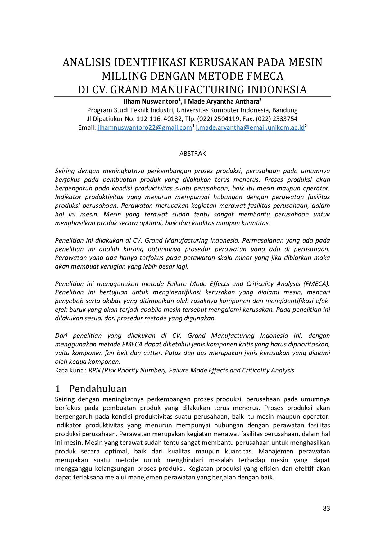 JURIS Analisis Identifikasi Kerusakan Pada Mesin Milling Dengan Metode FMECA Di CV Grand Manufacturing Indonesia