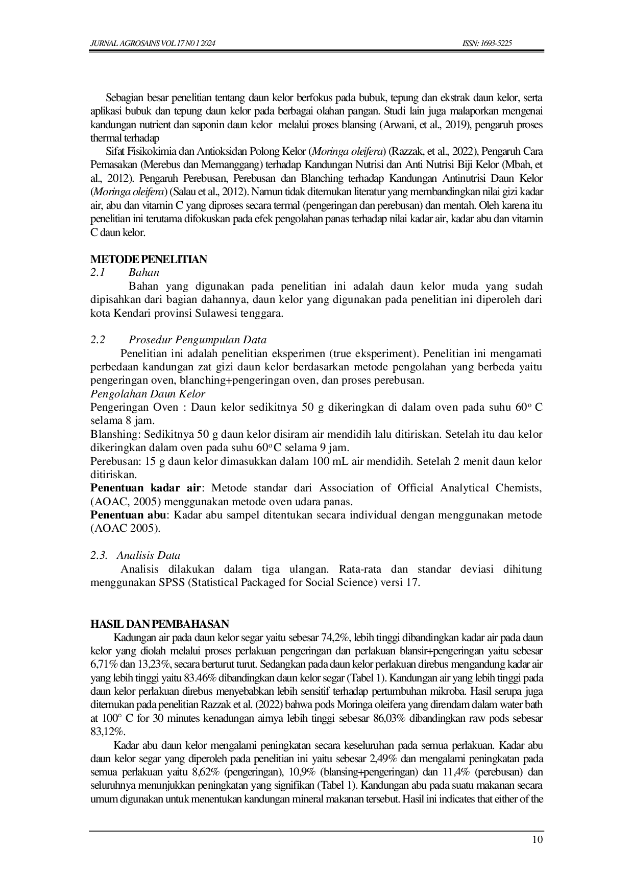 JURIS Pengaruh Metode Pengolahan Terhadap Kadar Air Kadar Abu dan Kandungan Vitamin C Daun Kelor Moringa Oleifera