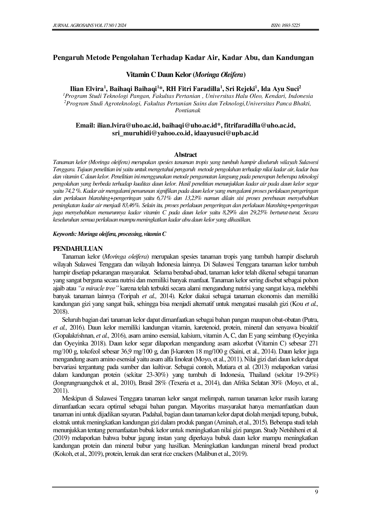 JURIS Pengaruh Metode Pengolahan Terhadap Kadar Air Kadar Abu dan Kandungan Vitamin C Daun Kelor Moringa Oleifera