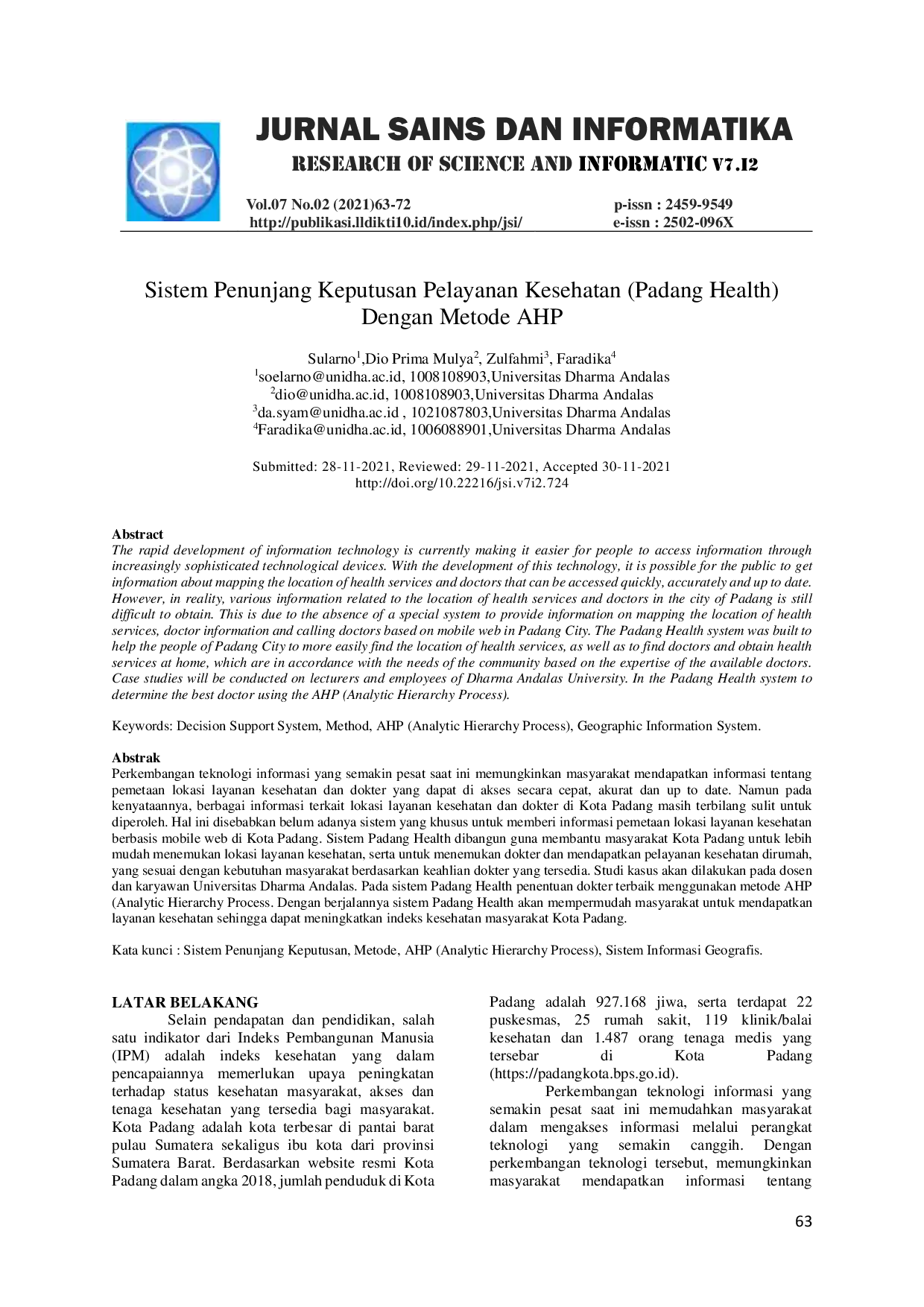 JURIS Sistem Penunjang Keputusan Pelayanan Kesehatan Padang Health dengan Metode AHP