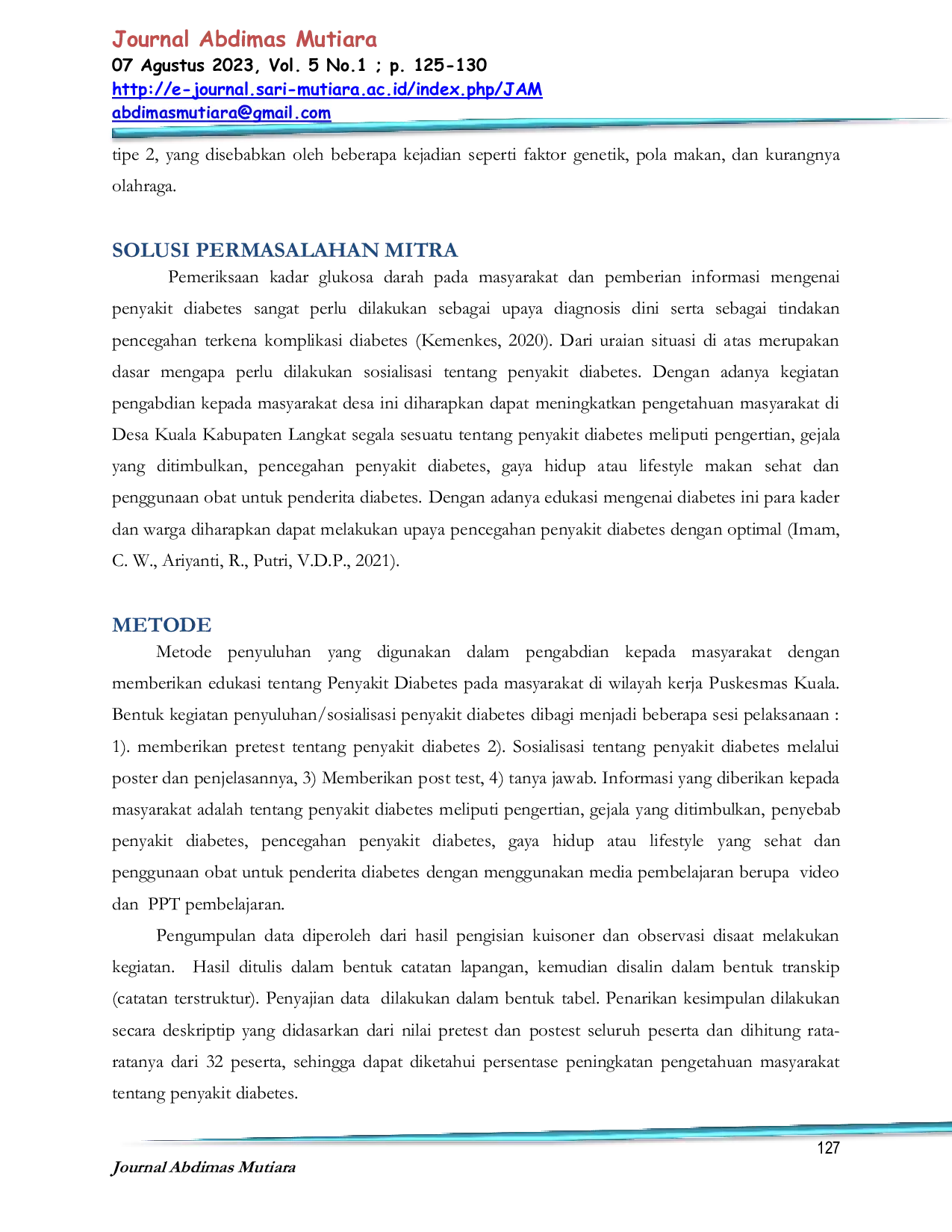 JURIS Sosialisasi Pencegahan Diabetes Melitus Di Wilayah Kerja Puskesmas Kuala Kabupaten Langkat