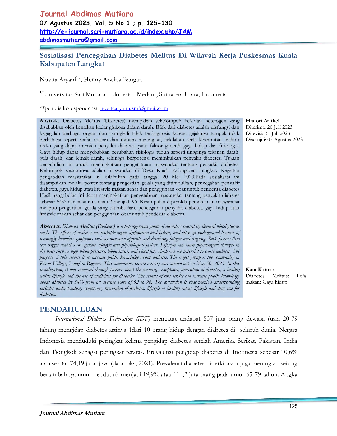 JURIS Sosialisasi Pencegahan Diabetes Melitus Di Wilayah Kerja Puskesmas Kuala Kabupaten Langkat