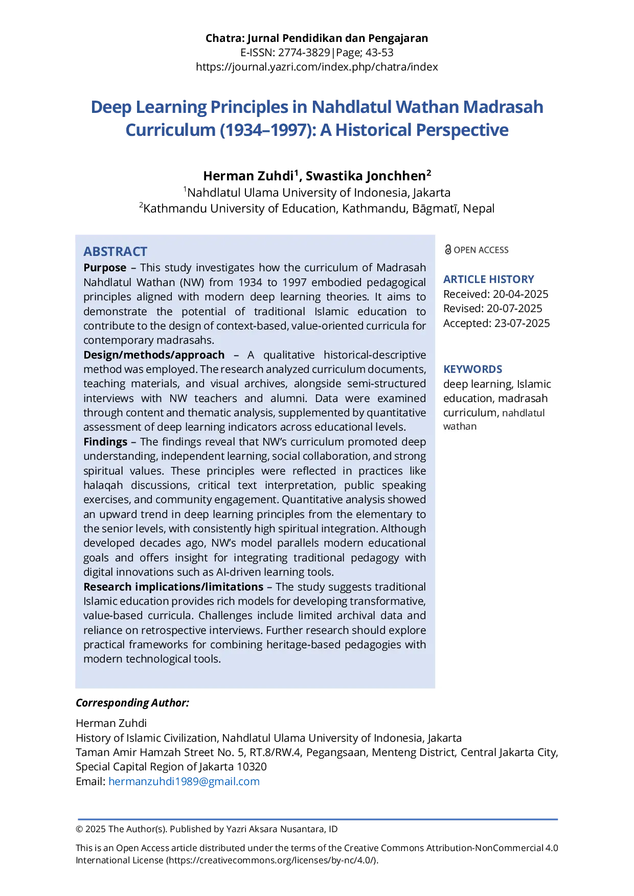 JURIS Deep Learning Principles in Nahdlatul Wathan Madrasah Curriculum 1934 1997 A Historical Perspective