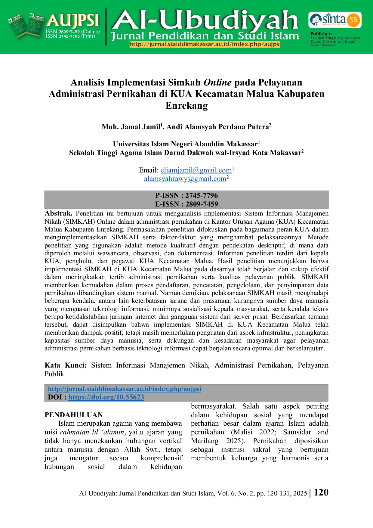 JURIS Analisis Implementasi Simkah Online pada Pelayanan Administrasi Pernikahan di KUA Kecamatan Malua Kabupaten Enrekang