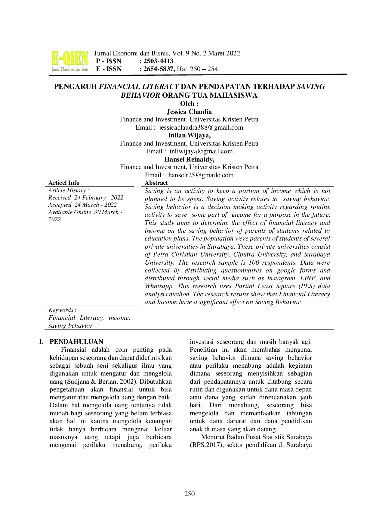 JURIS The Influence of Financial Literacy and Income on Saving Behavior of Student Parents