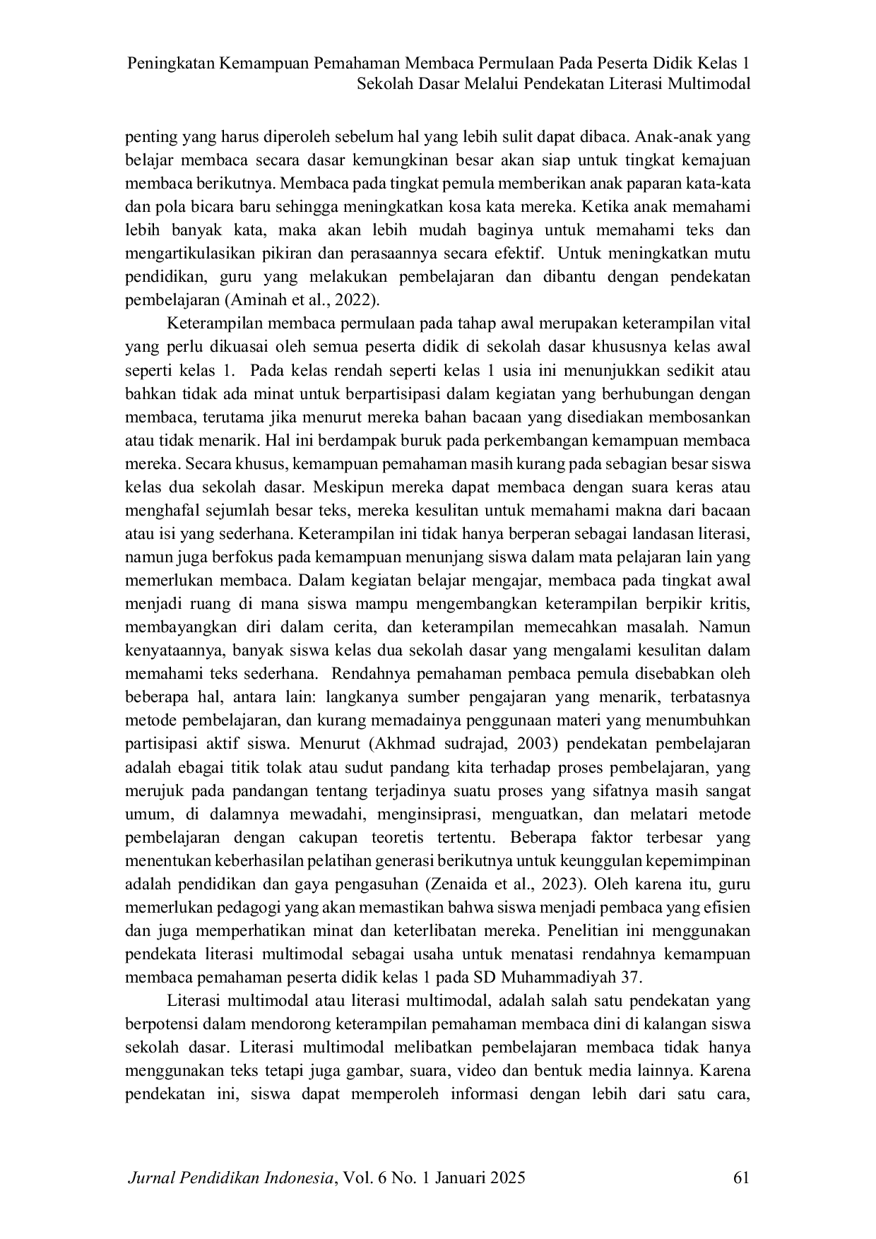 JURIS Peningkatan Kemampuan Pemahaman Membaca Permulaan Pada Peserta Didik Kelas 1 Sekolah Dasar Melalui Pendekatan Literasi Multimodal
