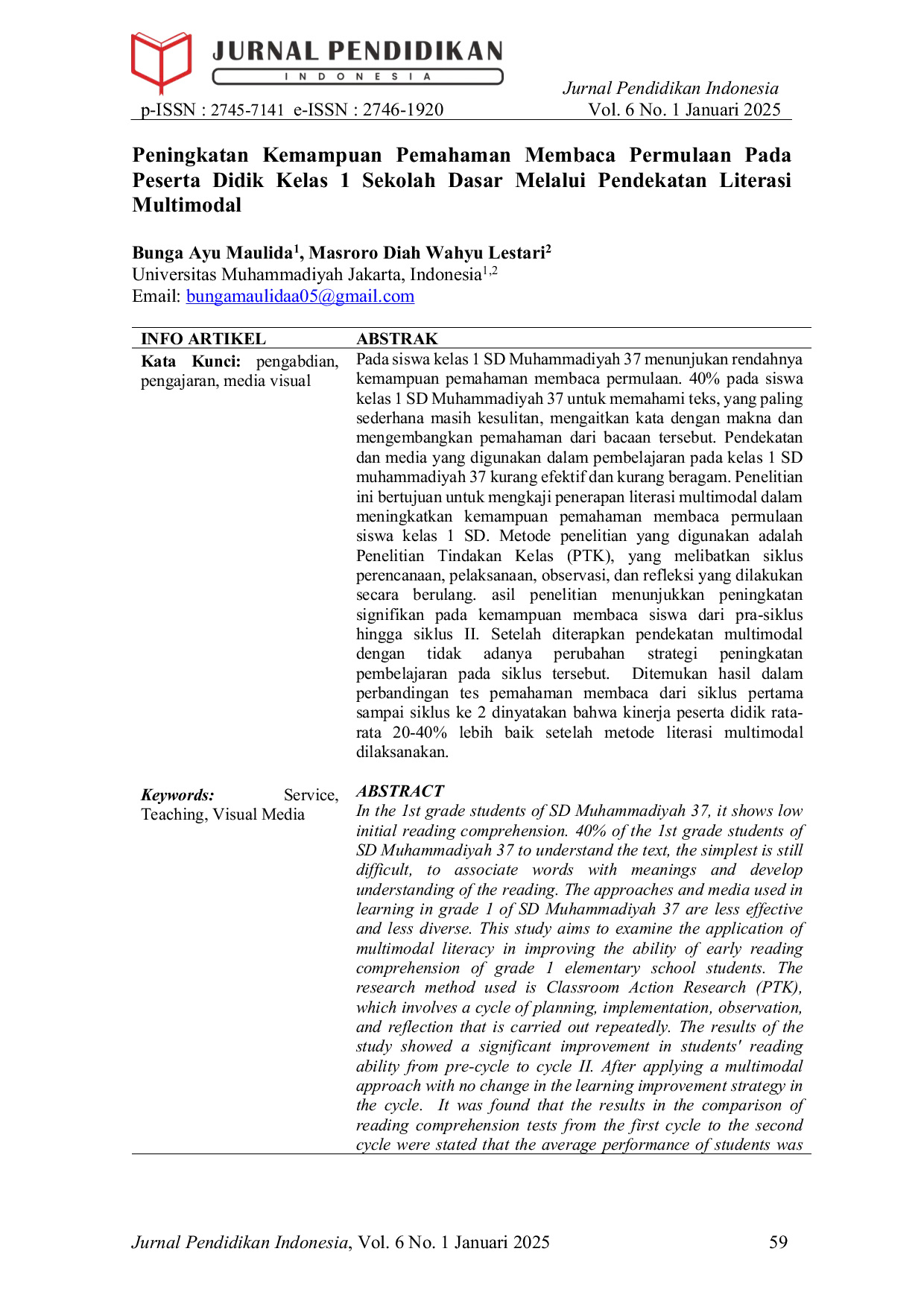JURIS Peningkatan Kemampuan Pemahaman Membaca Permulaan Pada Peserta Didik Kelas 1 Sekolah Dasar Melalui Pendekatan Literasi Multimodal