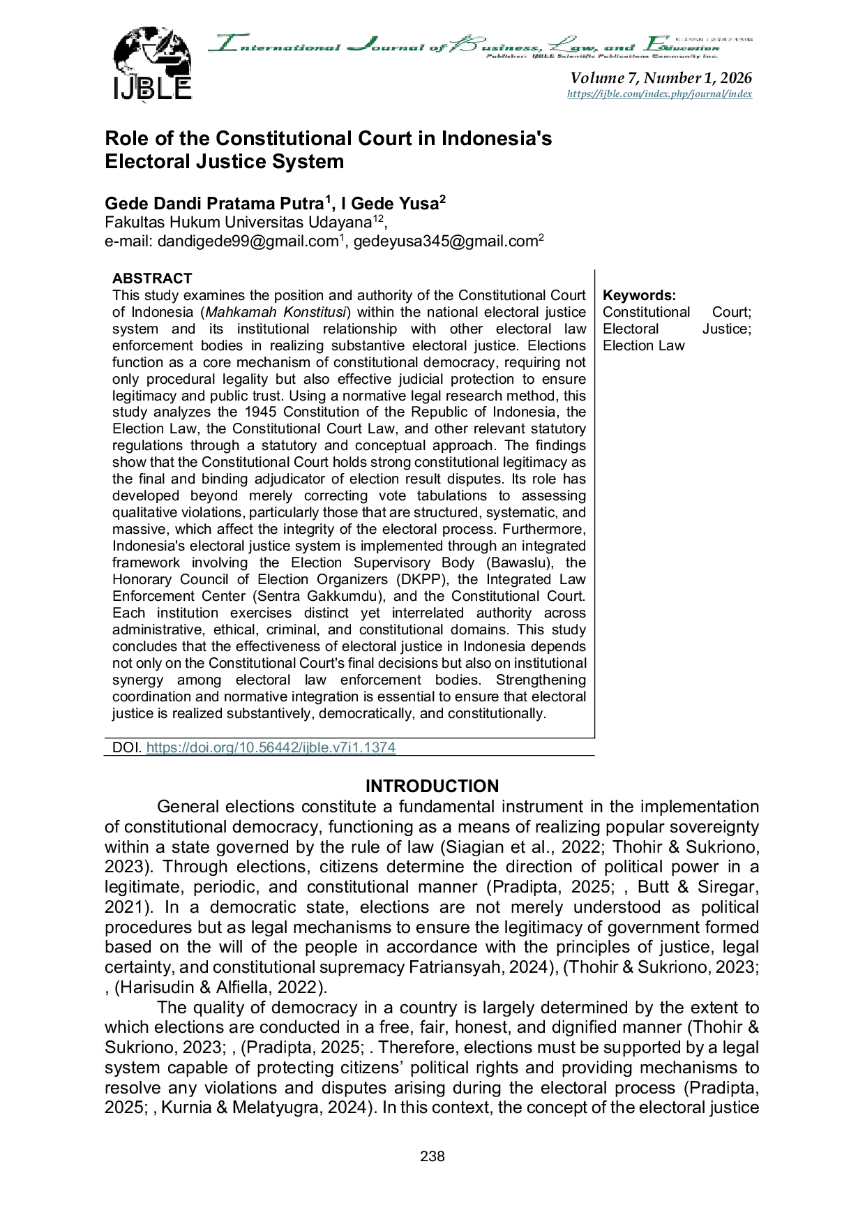 JURIS Role of the Constitutional Court in Indonesia s Electoral Justice System