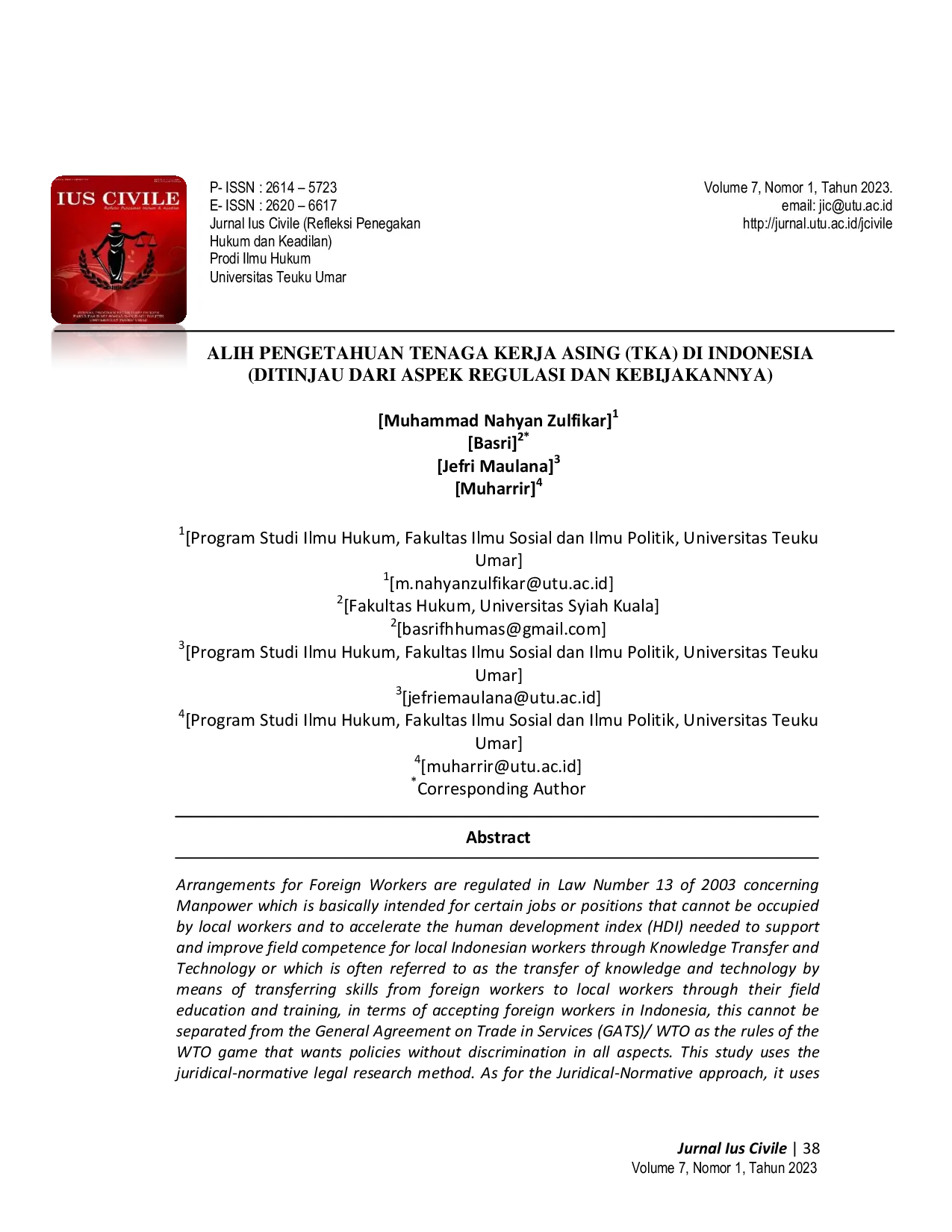 JURIS Alih Pengetahuan Tenaga Kerja Asing Tka di Indonesia Ditinjau dari Aspek Regulasi dan Kebijakannya